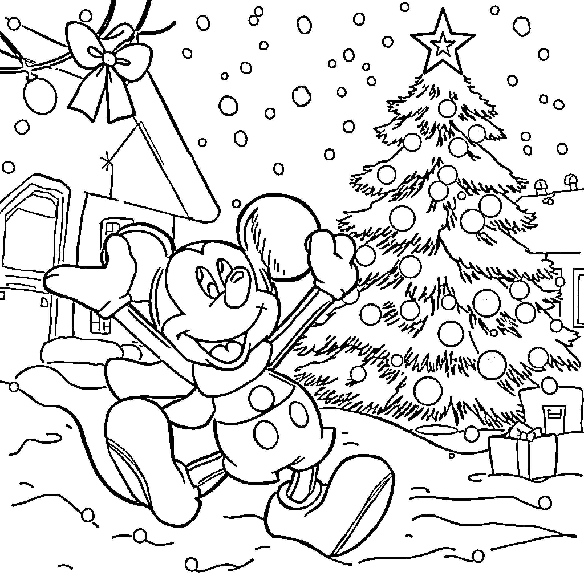 Mickey Mouse decorating Christmas tree in snowy winter scene Coloring Page (free black-and-white line drawing printable PDF for all, from beginners to advanced learners, including children, teens, adults, and seniors)