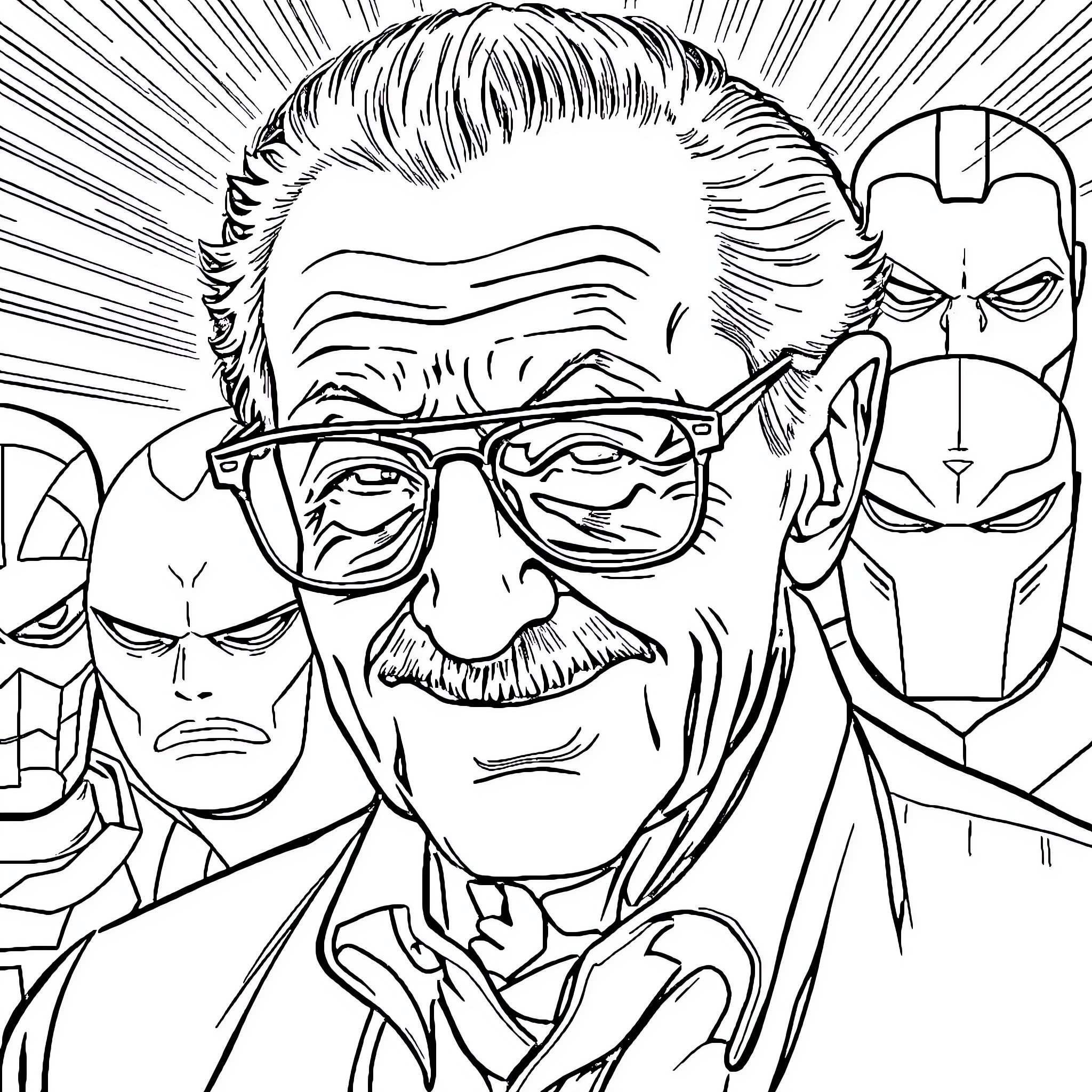 Stan Lee's Superhero Creations in Ink Coloring Page (free black-and-white line drawing printable PDF for all, from beginners to advanced learners, including children, teens, adults, and seniors)