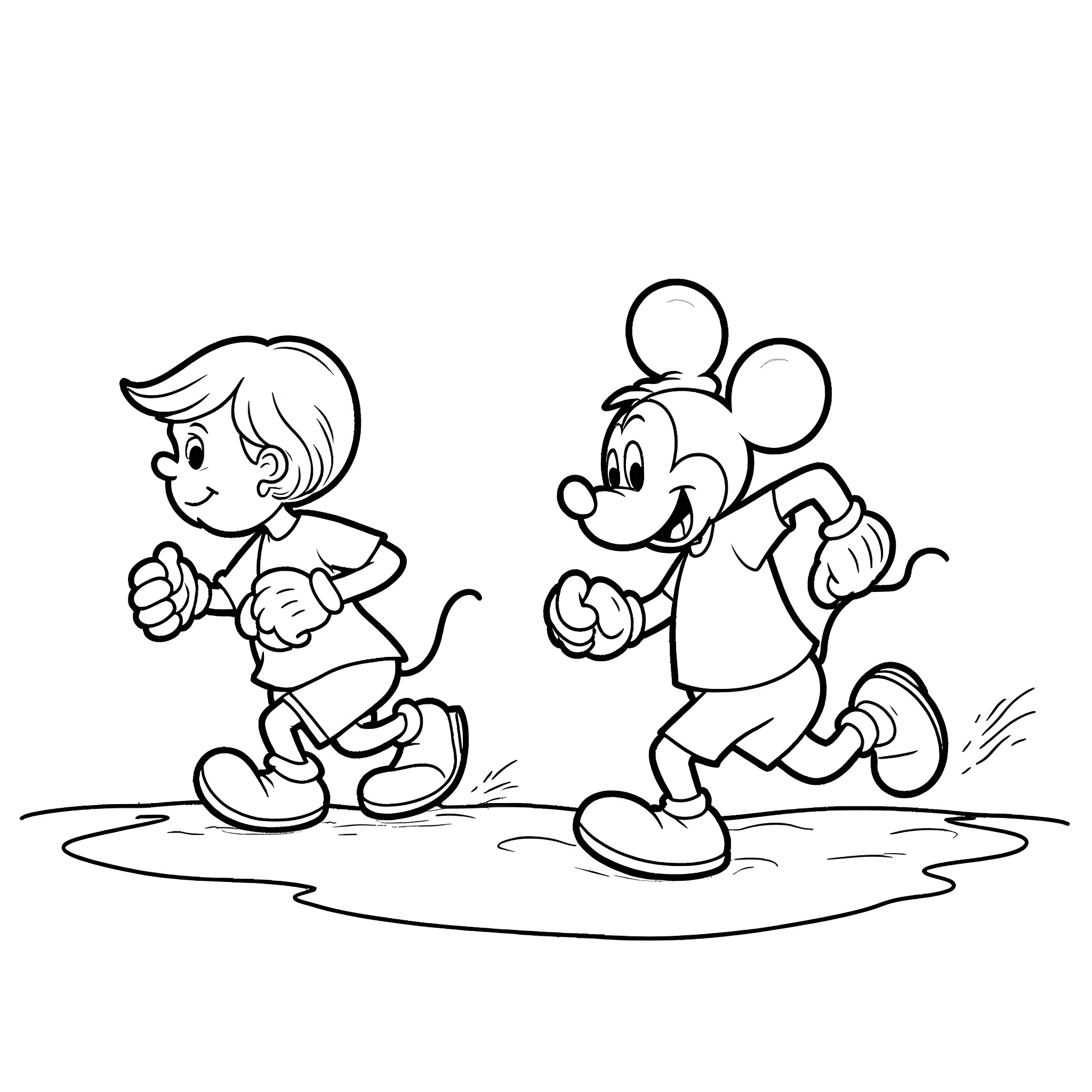 Mickey Mouse and a Friend Happily Running Together Coloring Page (free black-and-white line drawing printable PDF for all, from beginners to advanced learners, including children, teens, adults, and seniors)