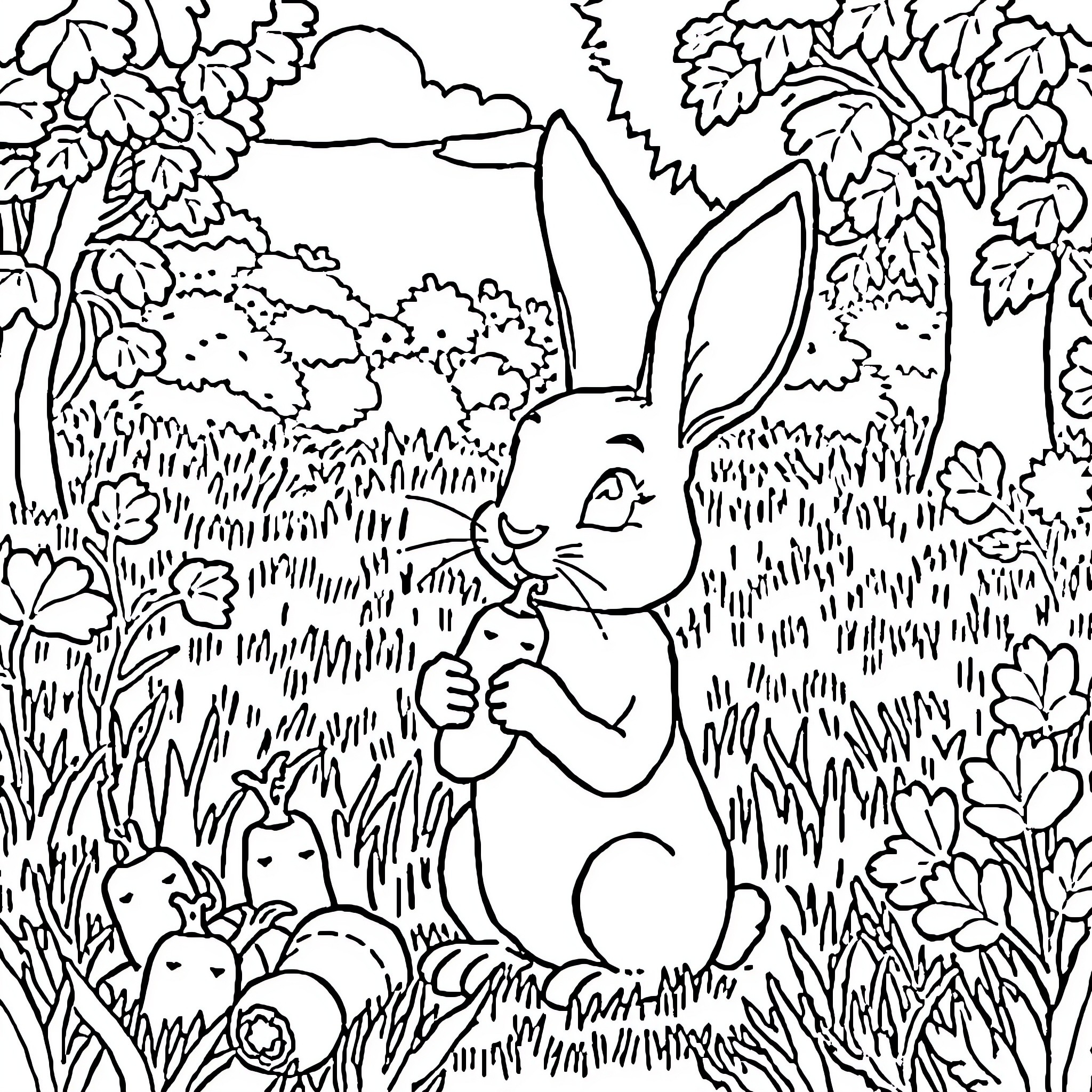 Rabbit Family in the Wild Forest Coloring Page (free black-and-white line drawing printable PDF for all, from beginners to advanced learners, including children, teens, adults, and seniors)