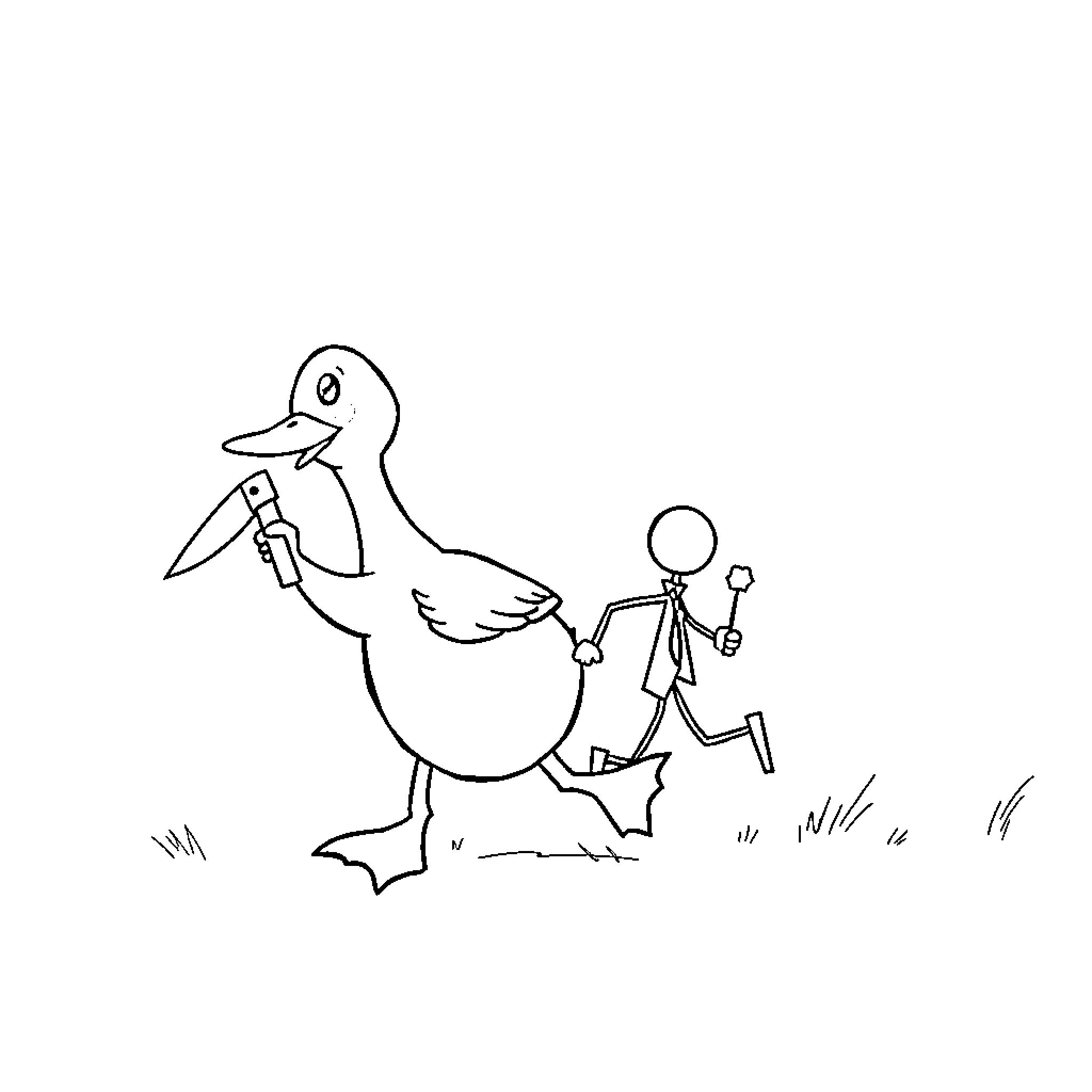 Duck chasing a person in the park Coloring Page (free black-and-white line drawing printable PDF for all, from beginners to advanced learners, including children, teens, adults, and seniors)