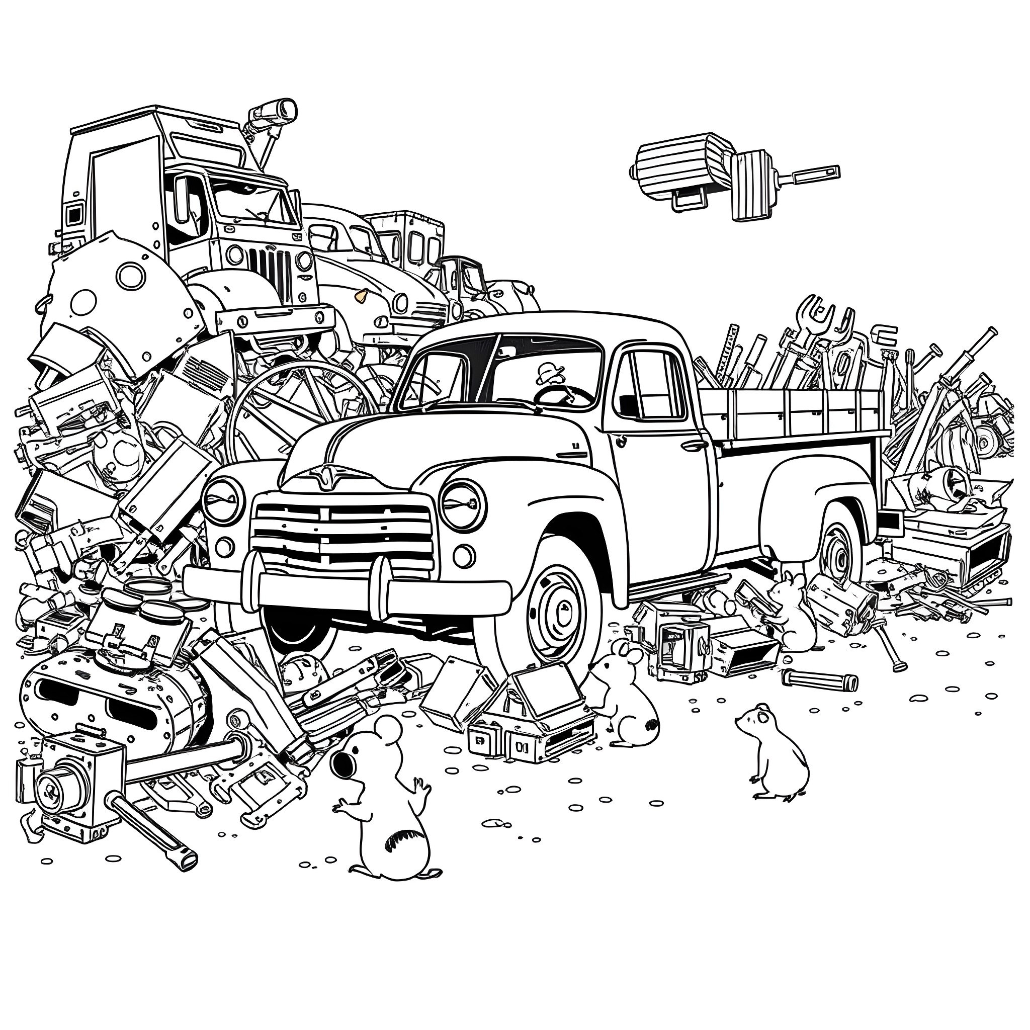 Pick Up Old Truck Surrounded by Tools and Machinery Coloring Page (free black-and-white line drawing printable PDF for all, from beginners to advanced learners, including children, teens, adults, and seniors)