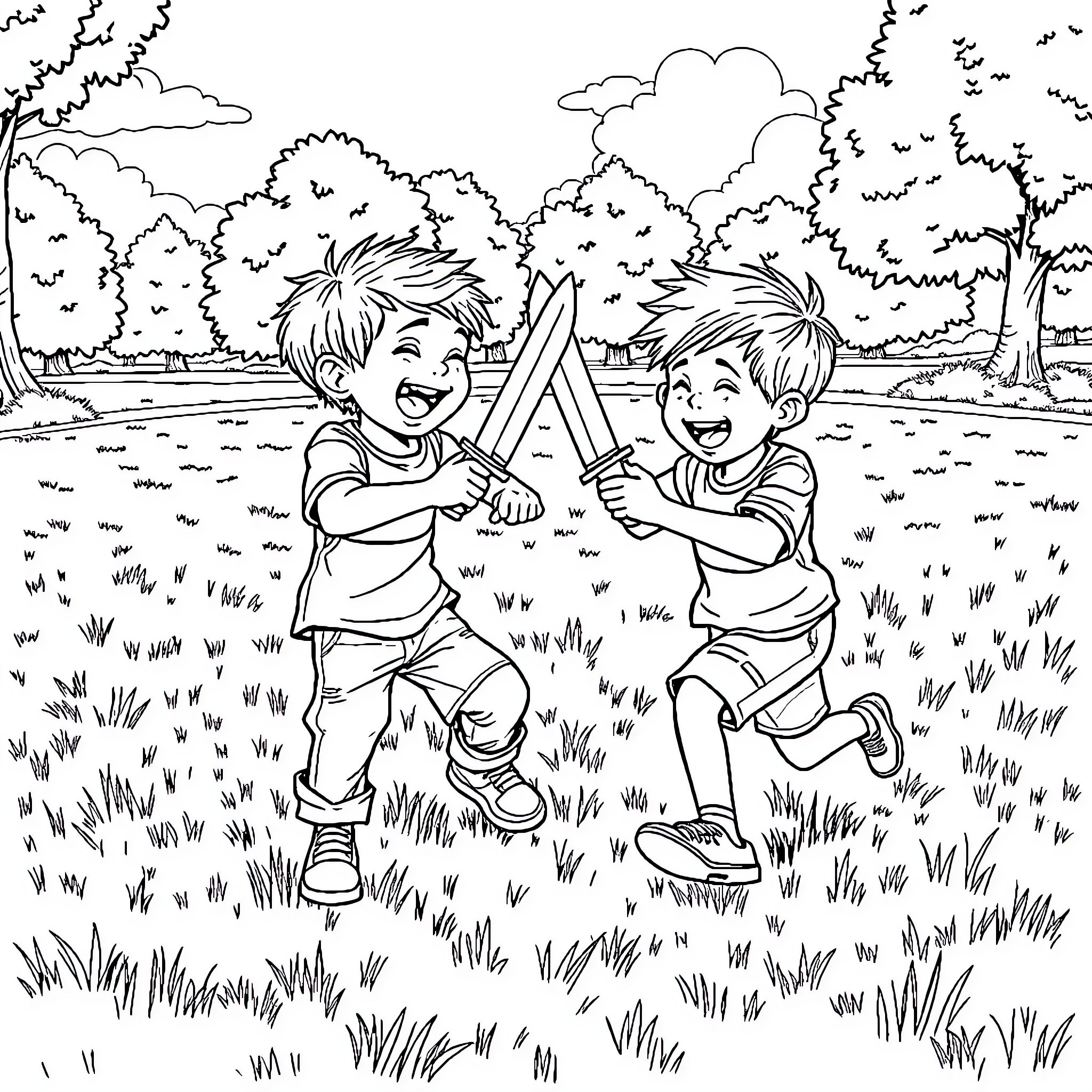Kids playing happily in the park Coloring Page (free black-and-white line drawing printable PDF for all, from beginners to advanced learners, including children, teens, adults, and seniors)