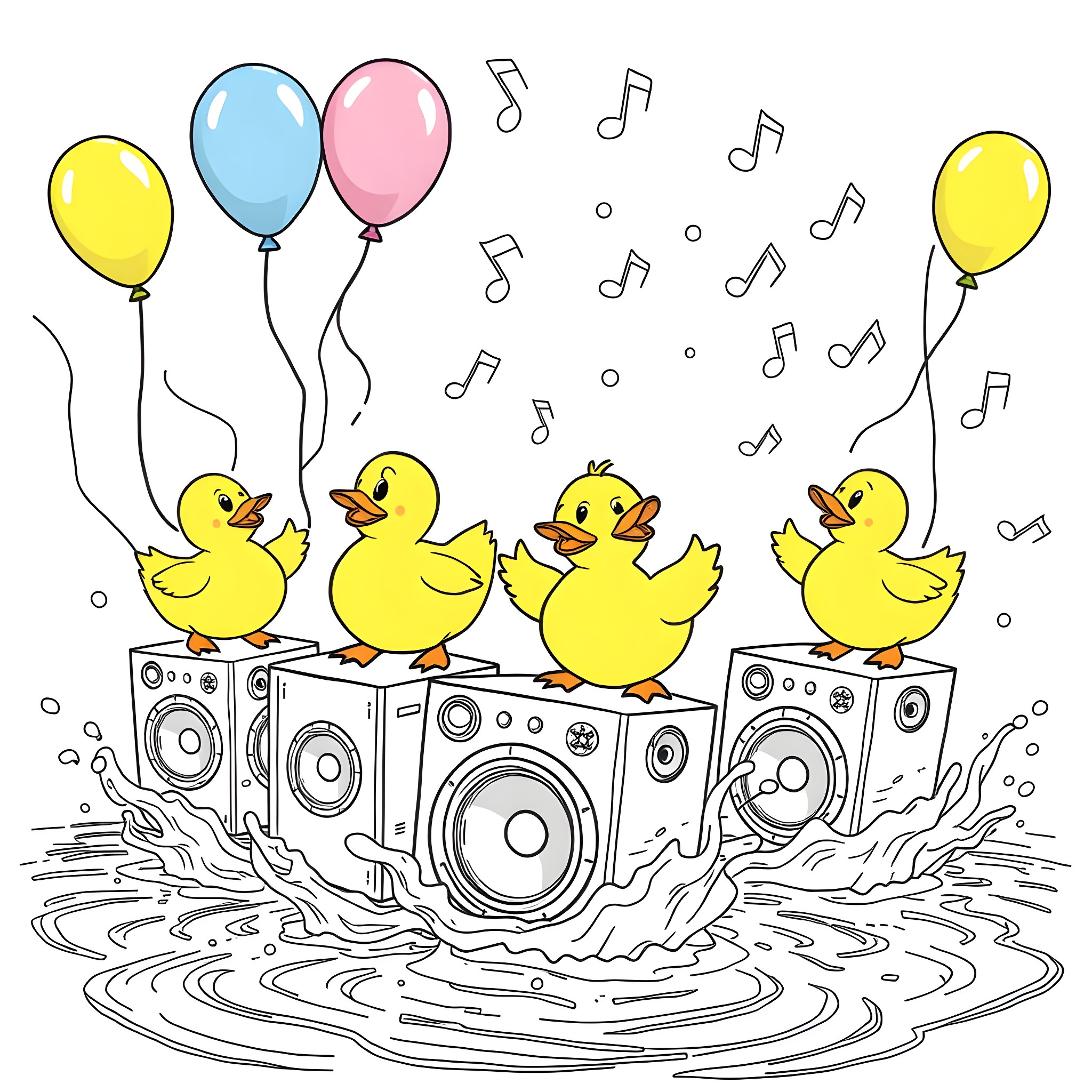 Rubber Duck Party with Balloons and Music Notes Coloring Page (free black-and-white line drawing printable PDF for all, from beginners to advanced learners, including children, teens, adults, and seniors)