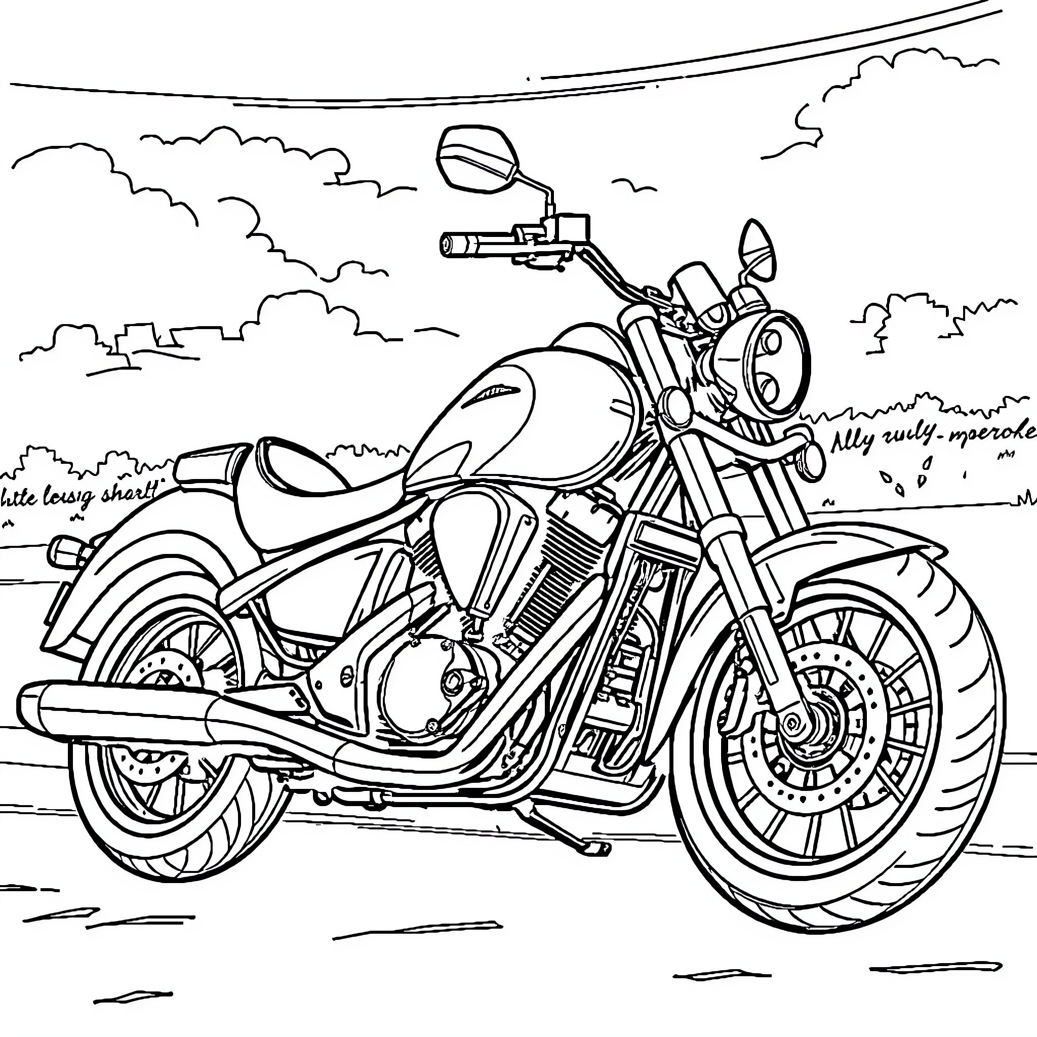 Moto Cruiser on the Open Road Coloring Page (free black-and-white line drawing printable PDF for all, from beginners to advanced learners, including children, teens, adults, and seniors)