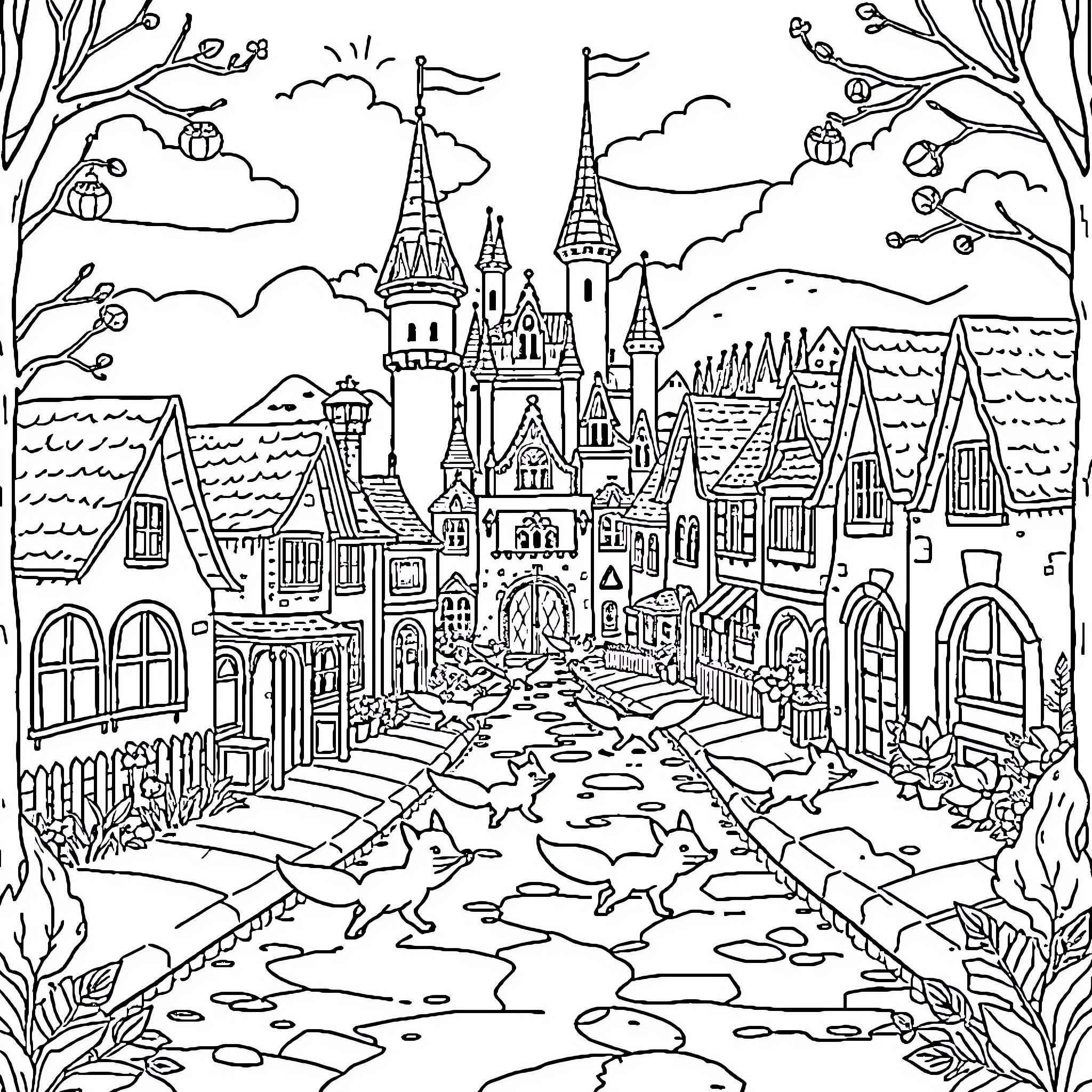 Fox in a Whimsical Fantasy Town Illustration Coloring Page (free black-and-white line drawing printable PDF for all, from beginners to advanced learners, including children, teens, adults, and seniors)