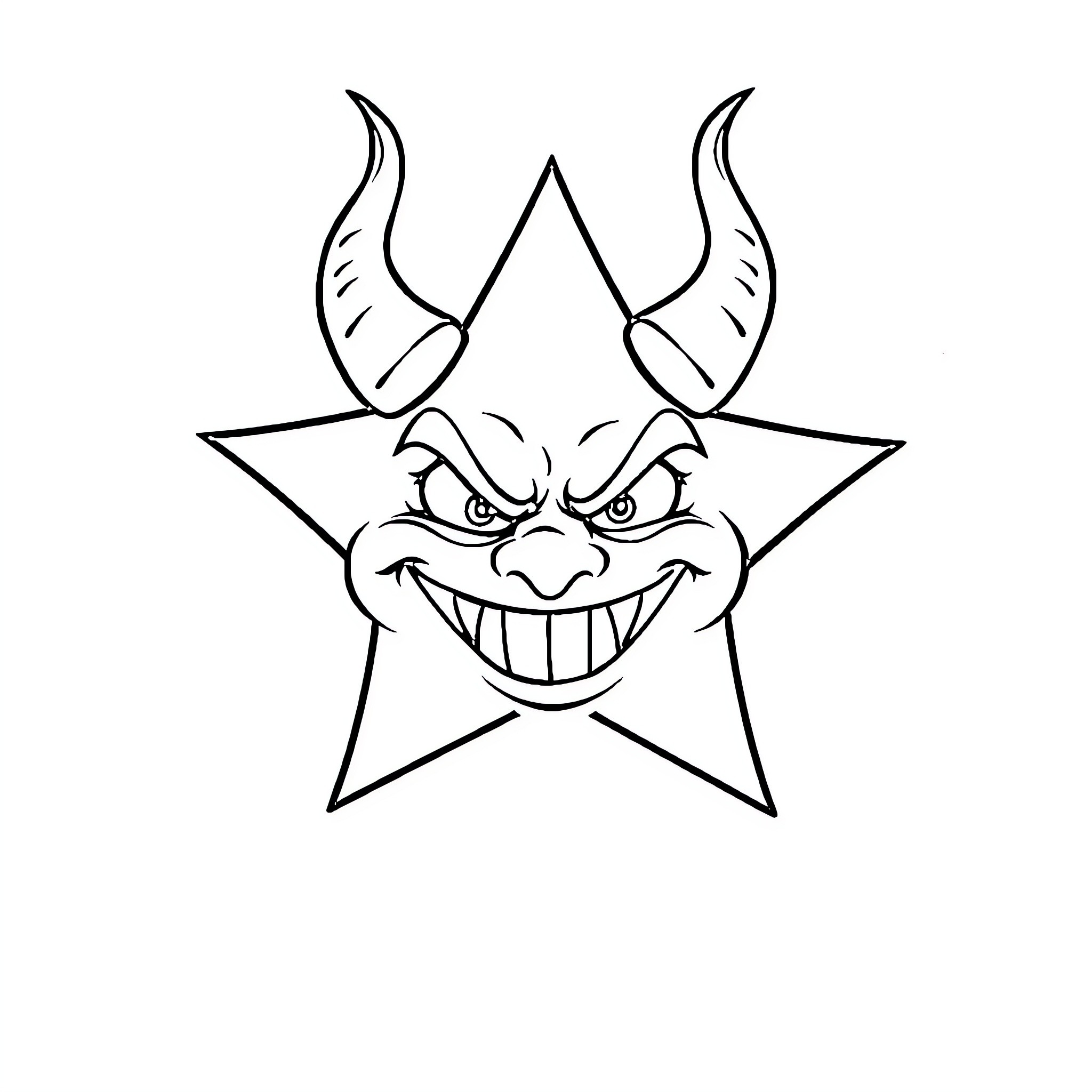 Star with Mischievous Grin and Horns Coloring Page (free black-and-white line drawing printable PDF for all, from beginners to advanced learners, including children, teens, adults, and seniors)