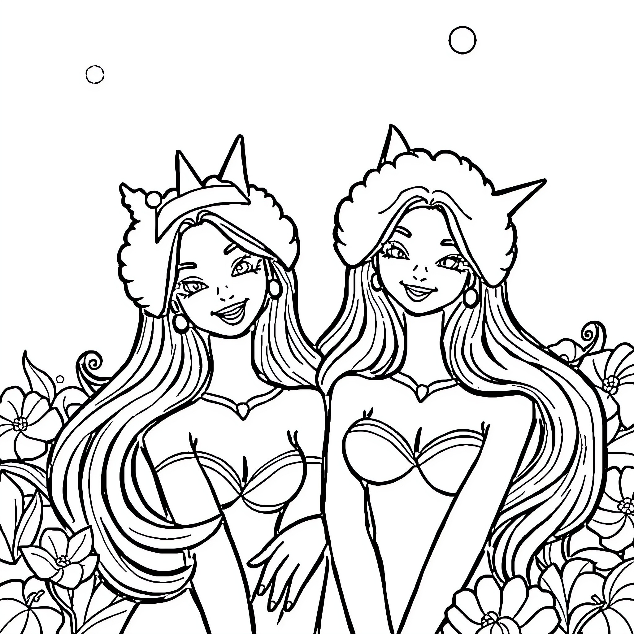 Girls with fantasy outfits and long hair Coloring Page (free black-and-white line drawing printable PDF for all, from beginners to advanced learners, including children, teens, adults, and seniors)
