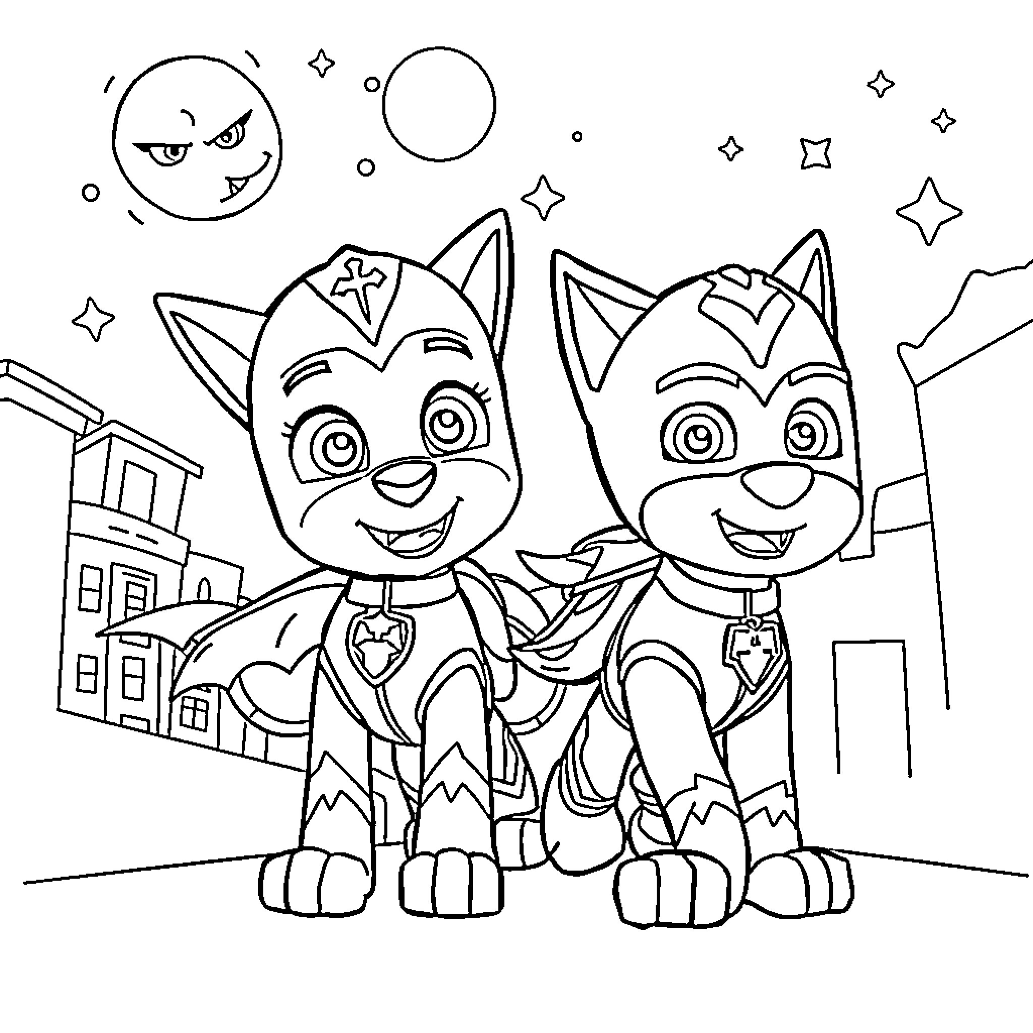 Paw Patrol heroes in city adventure Coloring Page (free black-and-white line drawing printable PDF for all, from beginners to advanced learners, including children, teens, adults, and seniors)