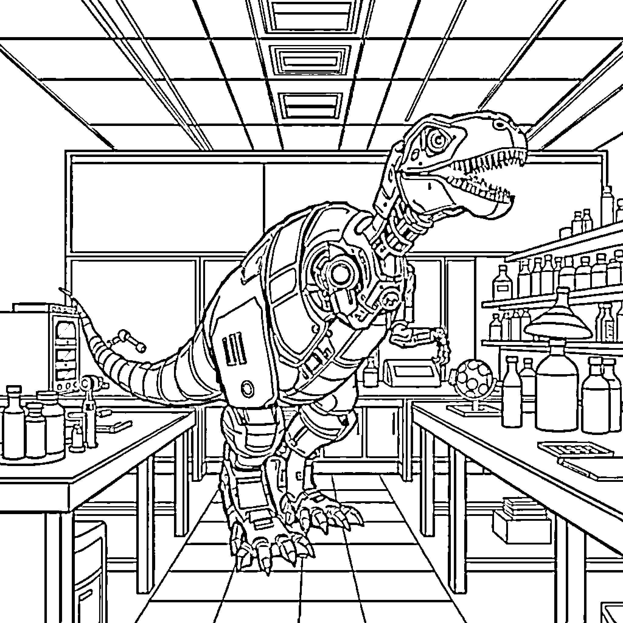 Robot Dinosaur in a Laboratory Coloring Page (free black-and-white line drawing printable PDF for all, from beginners to advanced learners, including children, teens, adults, and seniors)