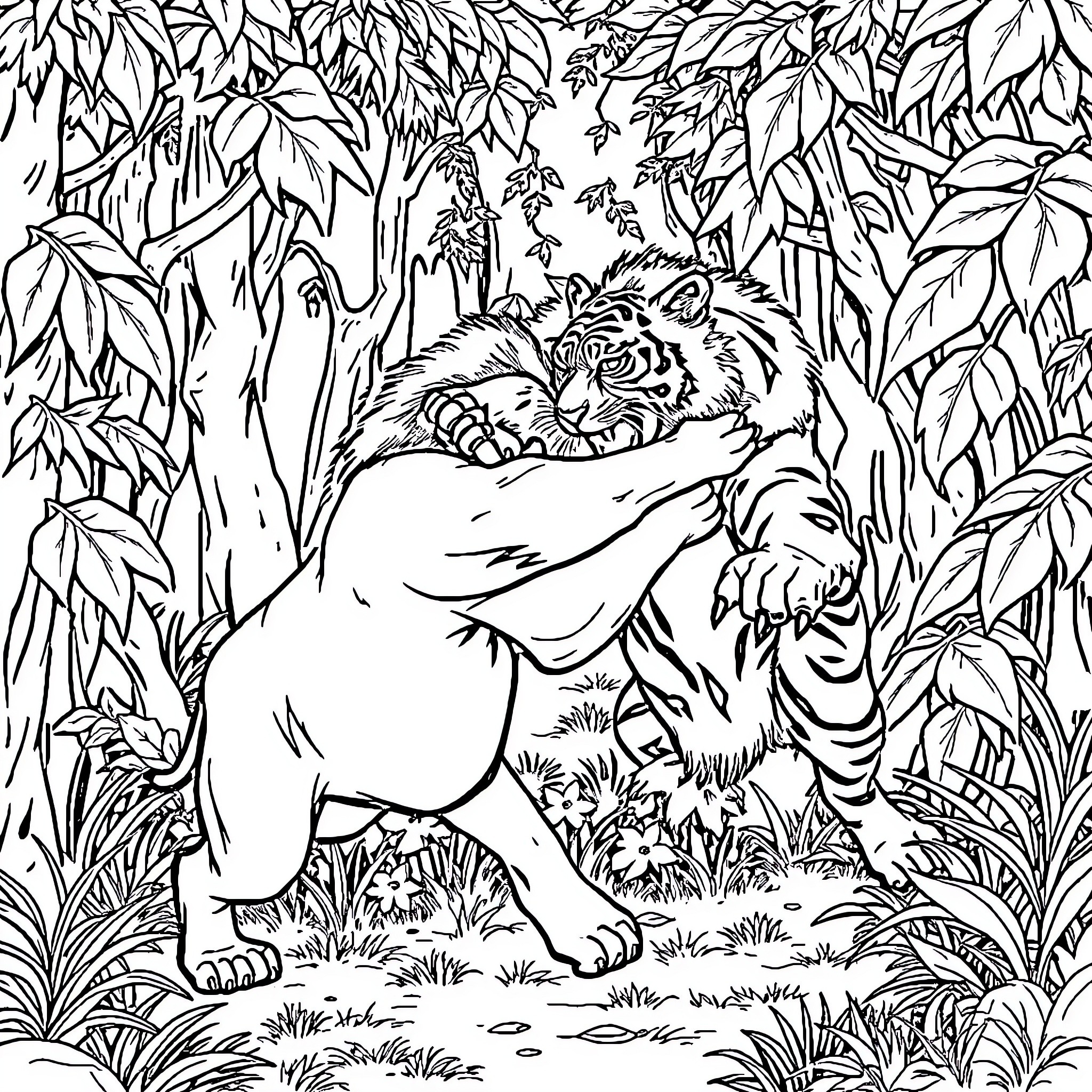 Lion roaring fiercely in the lush jungle Coloring Page (free black-and-white line drawing printable PDF for all, from beginners to advanced learners, including children, teens, adults, and seniors)