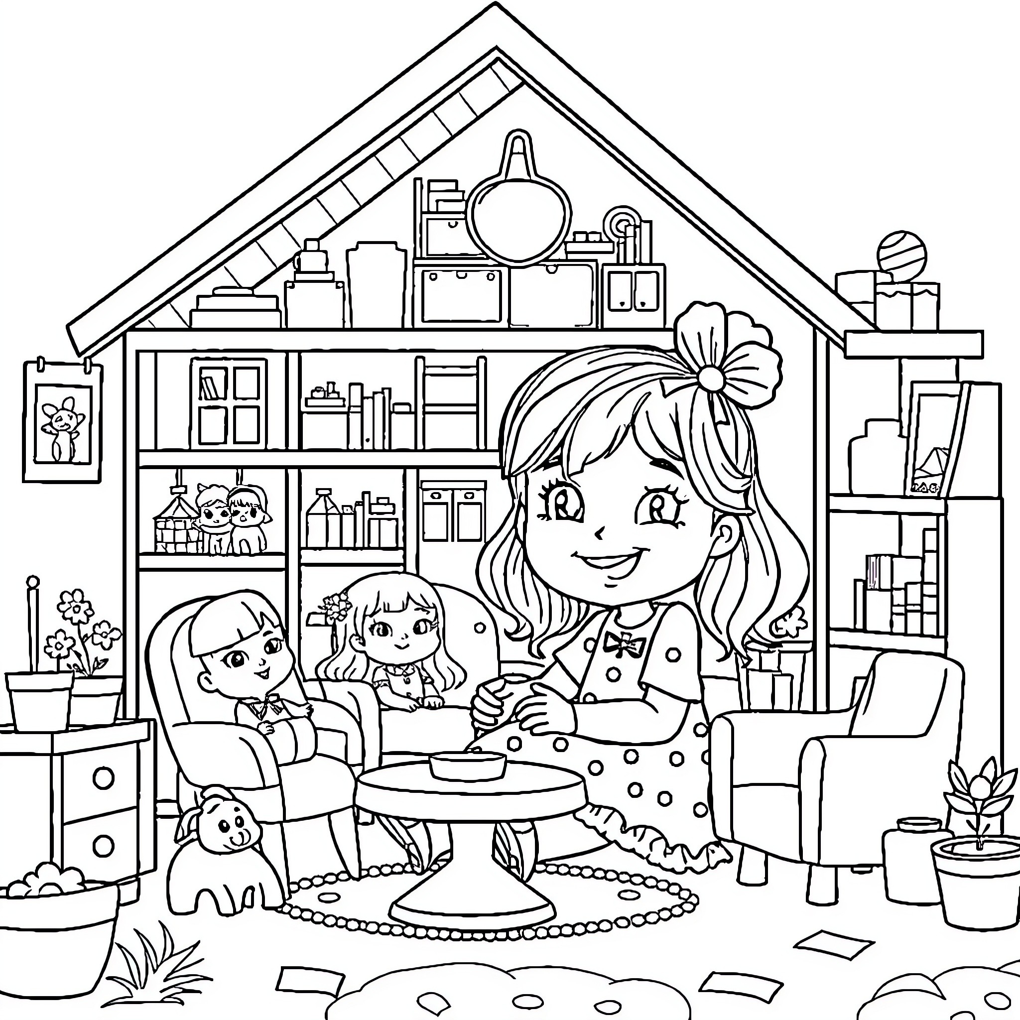 Dollhouse with Girls Playing and Exploring Coloring Page (free black-and-white line drawing printable PDF for all, from beginners to advanced learners, including children, teens, adults, and seniors)