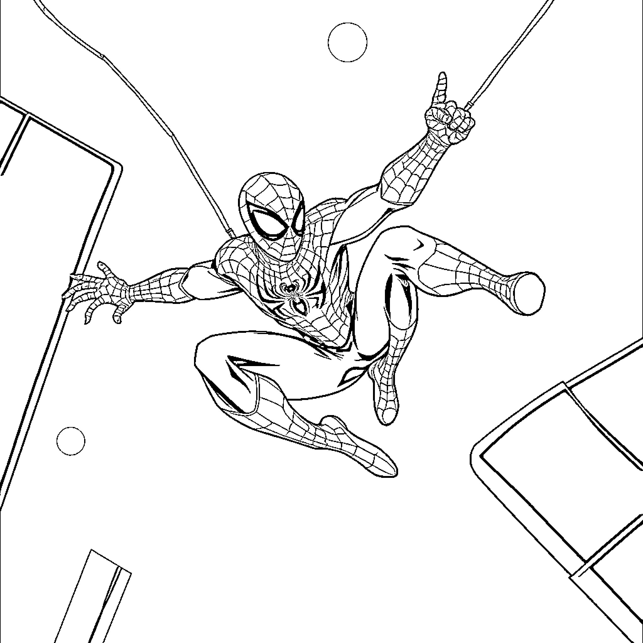 Spiderman Leaping through the City Coloring Page (free black-and-white line drawing printable PDF for all, from beginners to advanced learners, including children, teens, adults, and seniors)