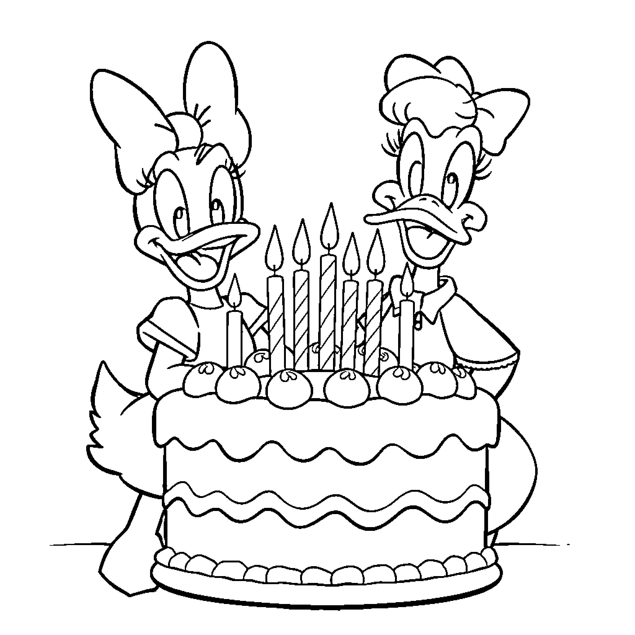 Duck duo celebrating with birthday cake Coloring Page (free black-and-white line drawing printable PDF for all, from beginners to advanced learners, including children, teens, adults, and seniors)