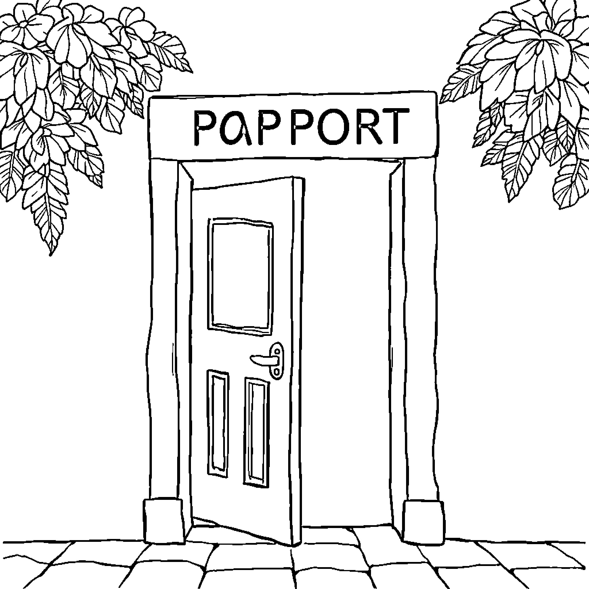 Passport office entrance with floral decor Coloring Page (free black-and-white line drawing printable PDF for all, from beginners to advanced learners, including children, teens, adults, and seniors)