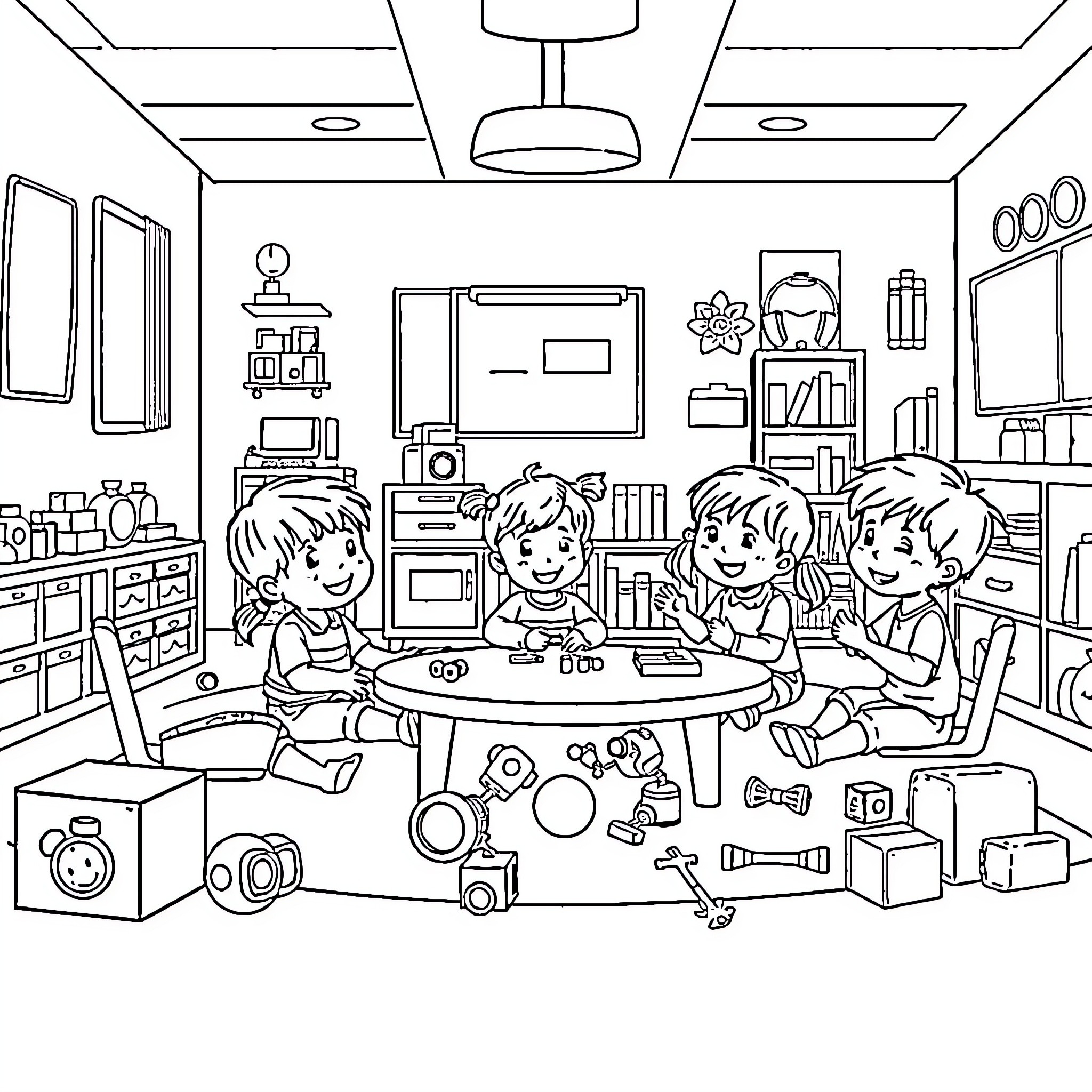 Kindergartners exploring and playing in a classroom Coloring Page (free black-and-white line drawing printable PDF for all, from beginners to advanced learners, including children, teens, adults, and seniors)