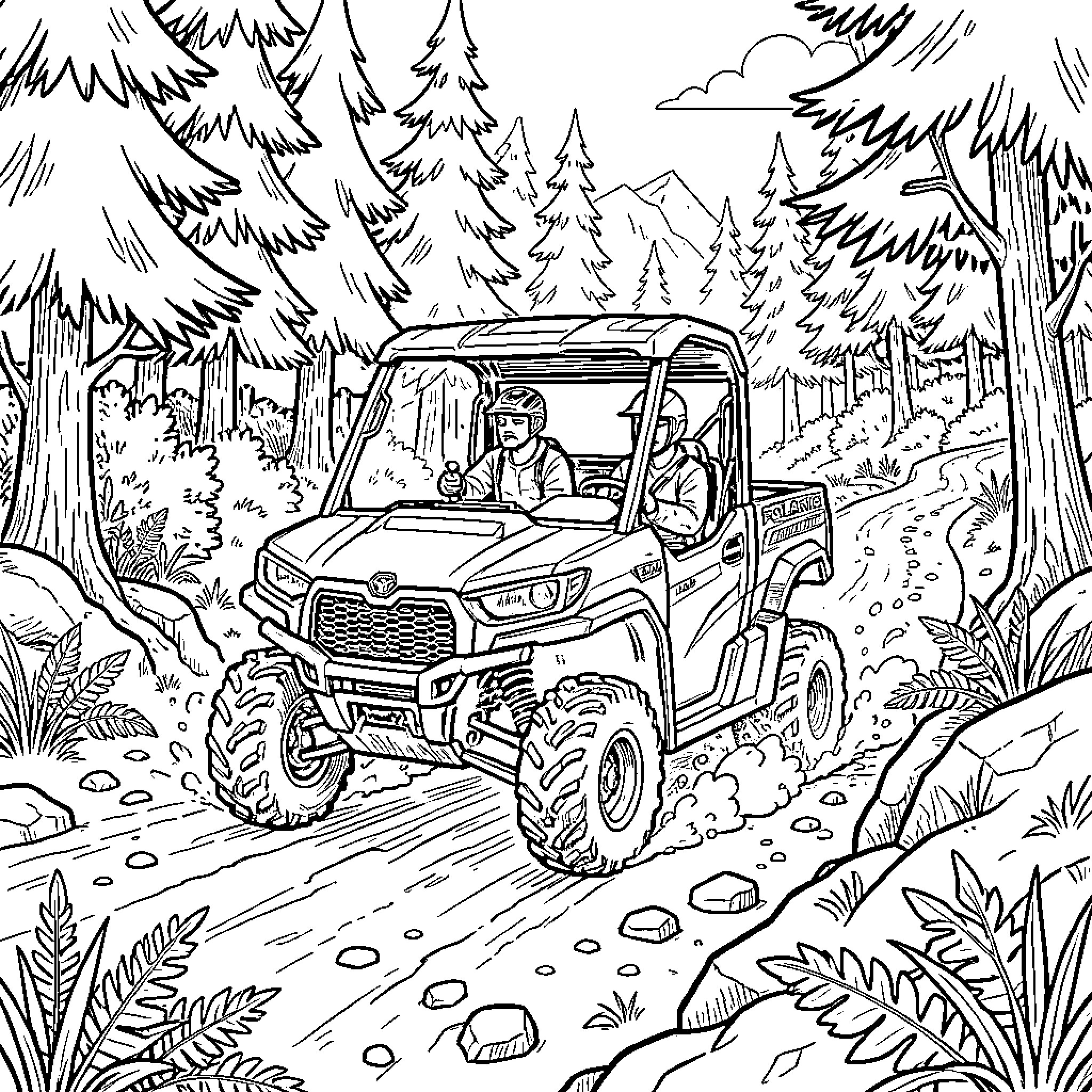 Polaris Ranger exploring rugged outdoor terrain Coloring Page (free black-and-white line drawing printable PDF for all, from beginners to advanced learners, including children, teens, adults, and seniors)