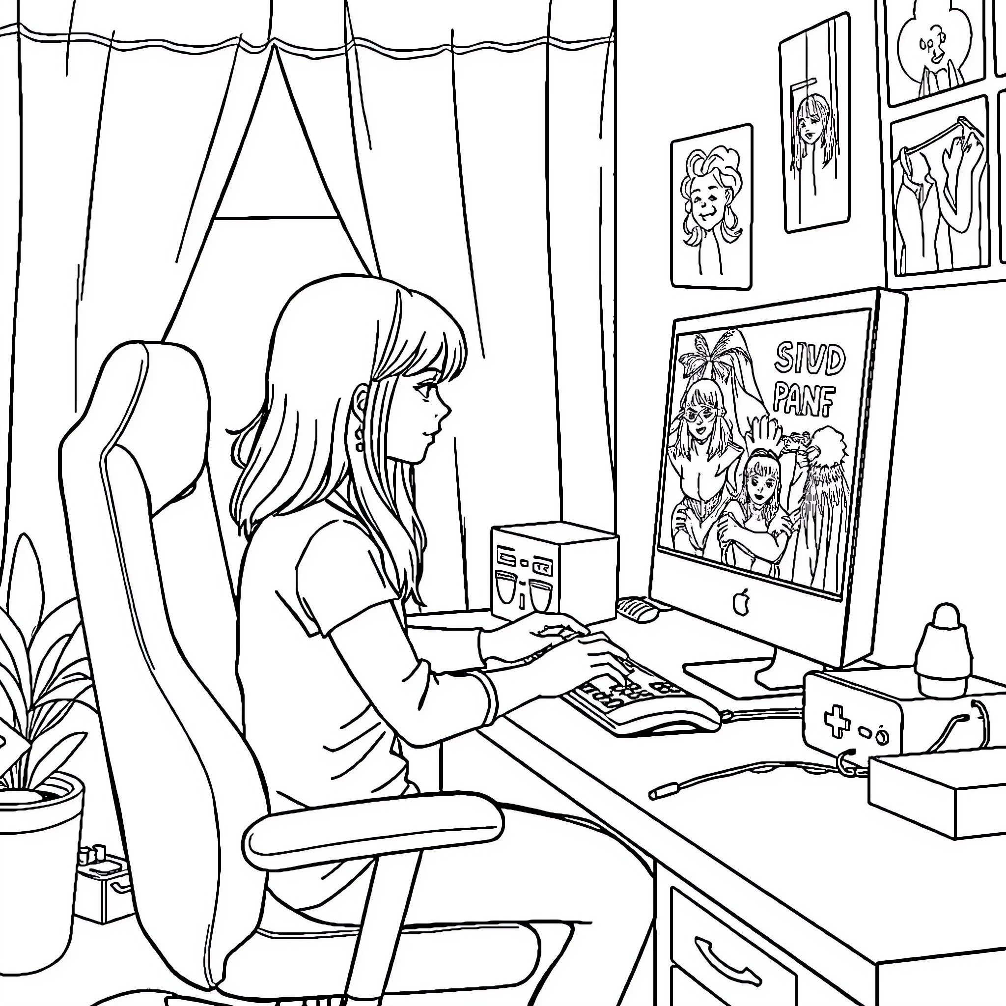 Girl working diligently at her computer desk Coloring Page (free black-and-white line drawing printable PDF for all, from beginners to advanced learners, including children, teens, adults, and seniors)