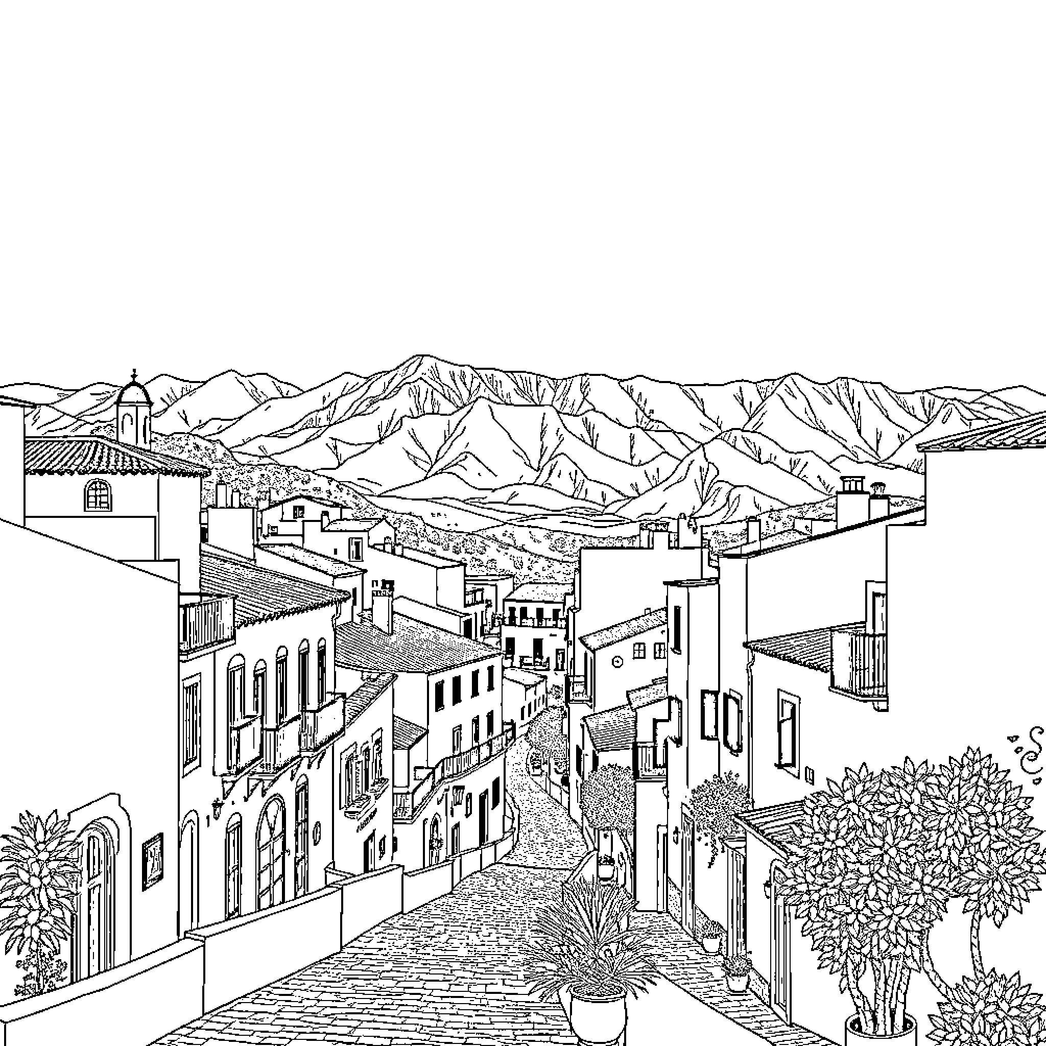Jimena de la Frontera: Scenic Mountain Town with Winding Streets Coloring Page (free black-and-white line drawing printable PDF for all, from beginners to advanced learners, including children, teens, adults, and seniors)