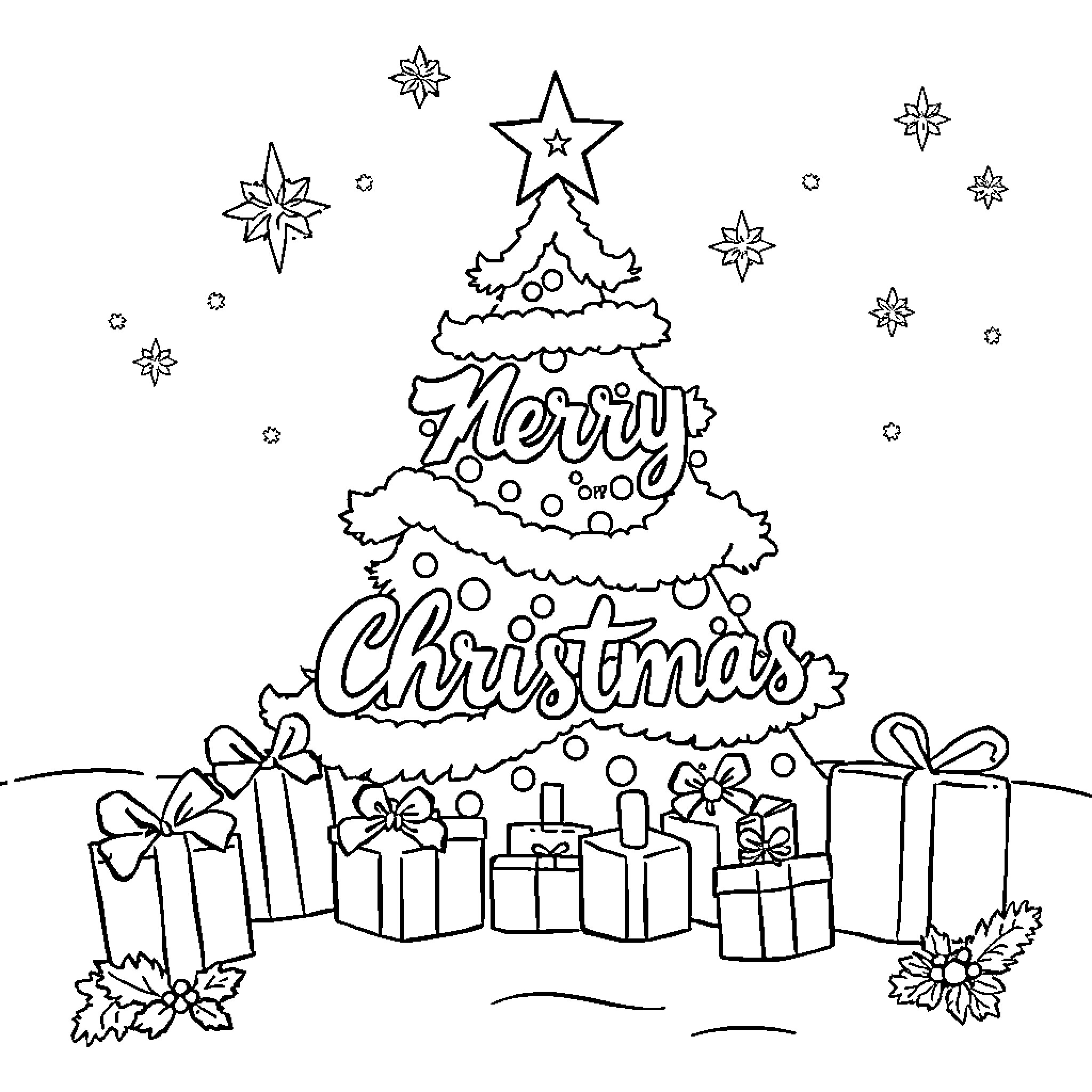 Christmas tree and gifts in winter scene Coloring Page (free black-and-white line drawing printable PDF for all, from beginners to advanced learners, including children, teens, adults, and seniors)