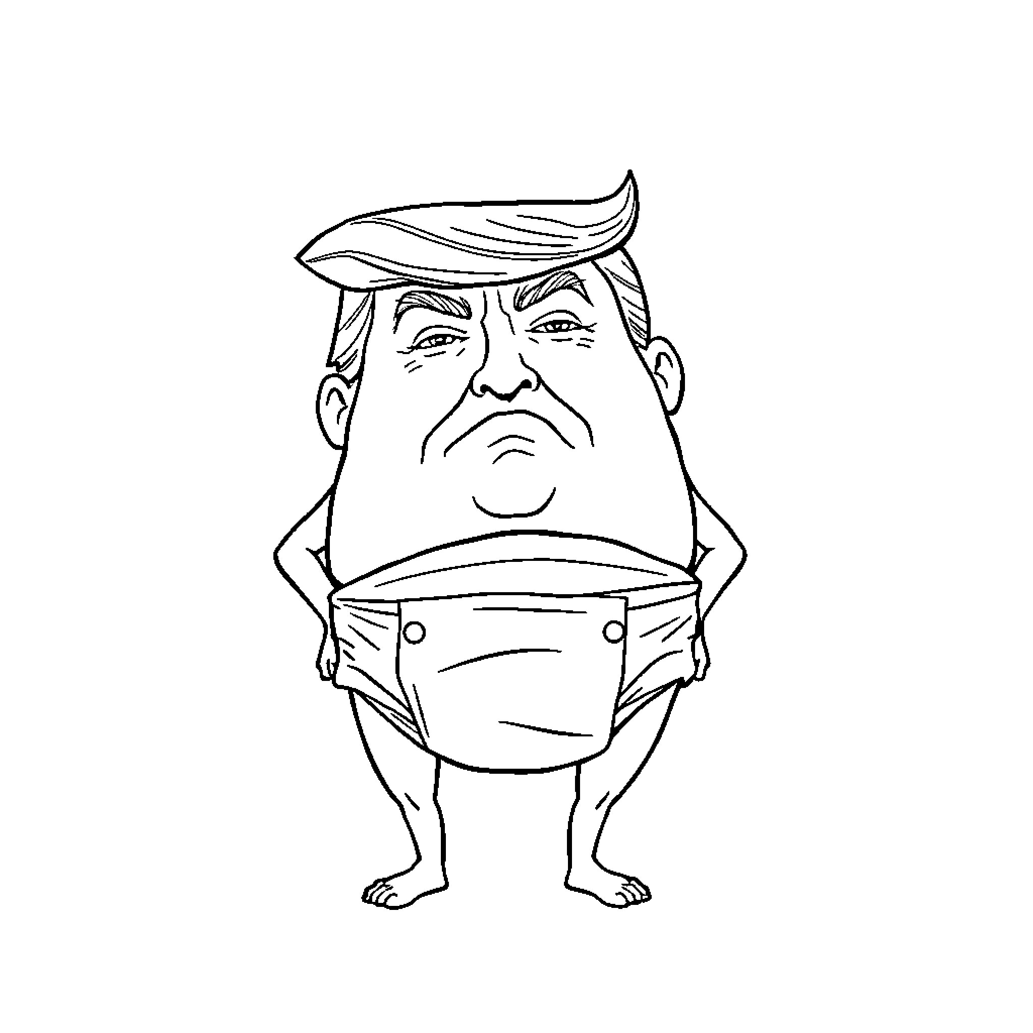 Donald Trump depicted in a caricature-style illustration Coloring Page (free black-and-white line drawing printable PDF for all, from beginners to advanced learners, including children, teens, adults, and seniors)