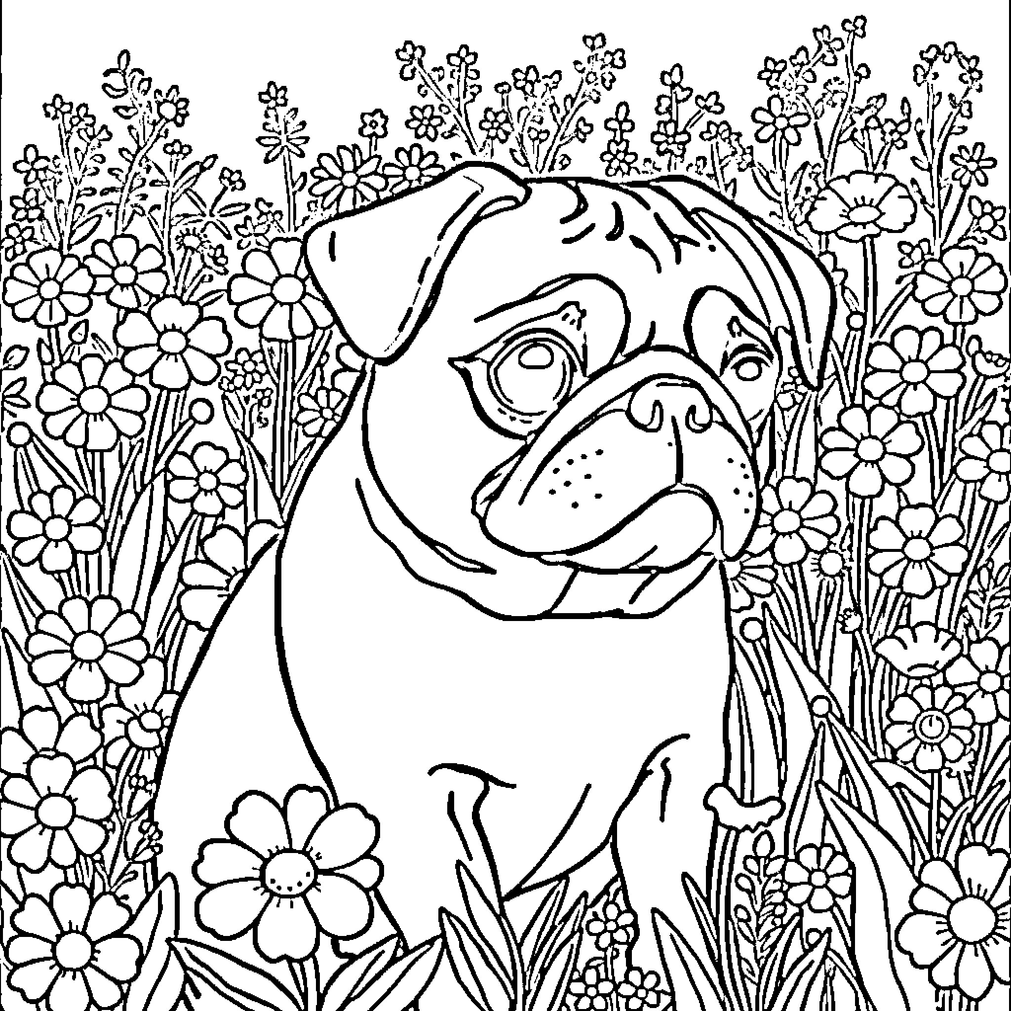 Pug surrounded by a vibrant floral garden Coloring Page (free black-and-white line drawing printable PDF for all, from beginners to advanced learners, including children, teens, adults, and seniors)