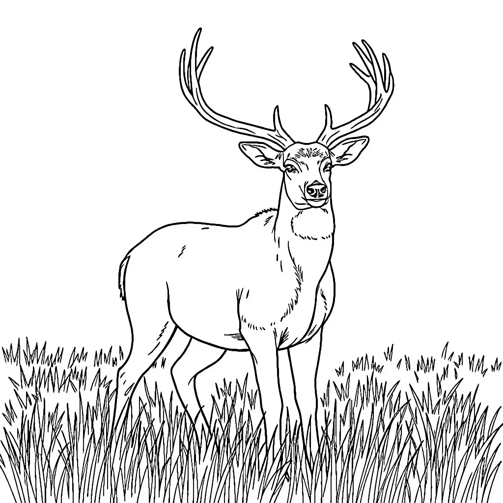 Deer standing in a grassy field Coloring Page (free black-and-white line drawing printable PDF for all, from beginners to advanced learners, including children, teens, adults, and seniors)