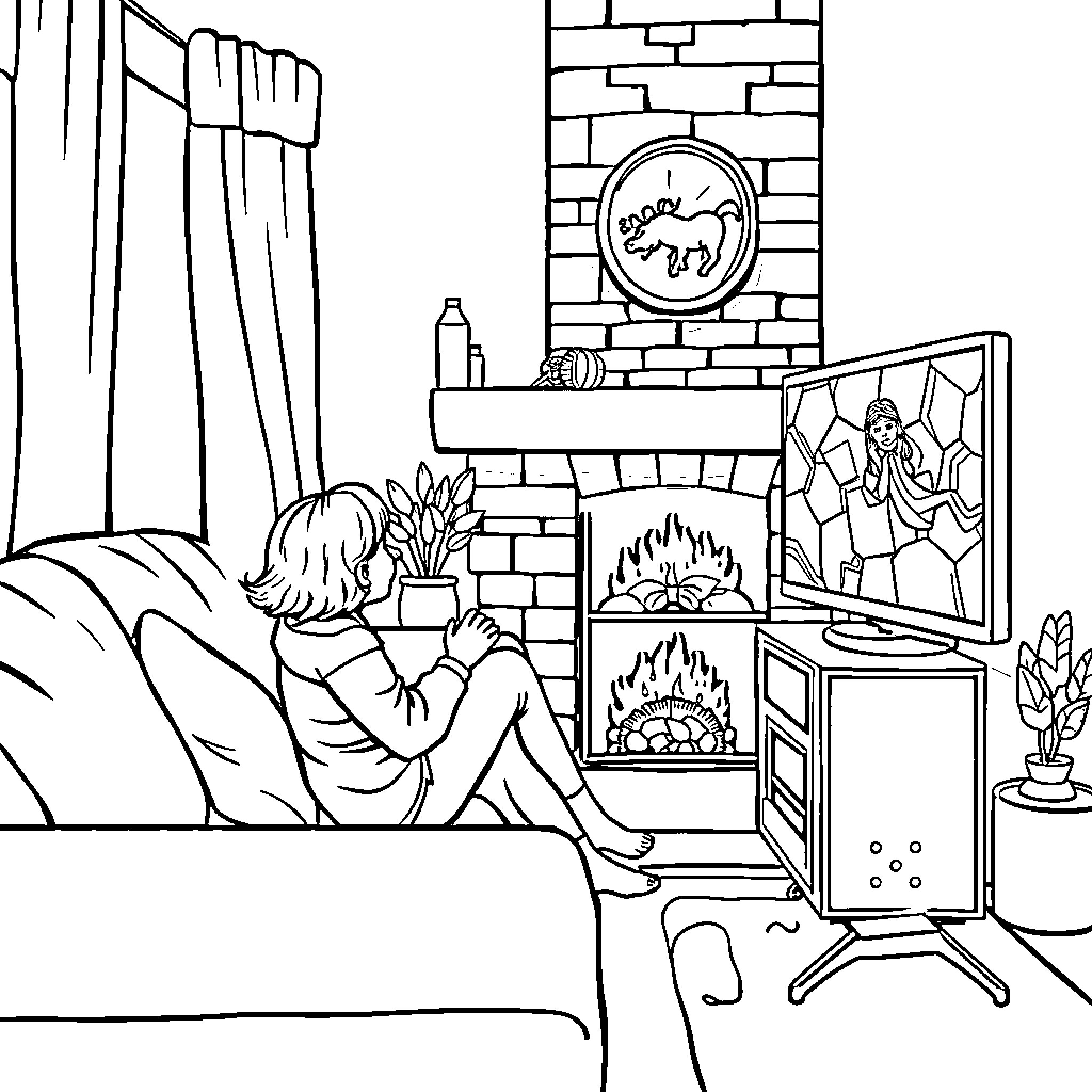 Mom relaxing by the cozy fireplace Coloring Page (free black-and-white line drawing printable PDF for all, from beginners to advanced learners, including children, teens, adults, and seniors)