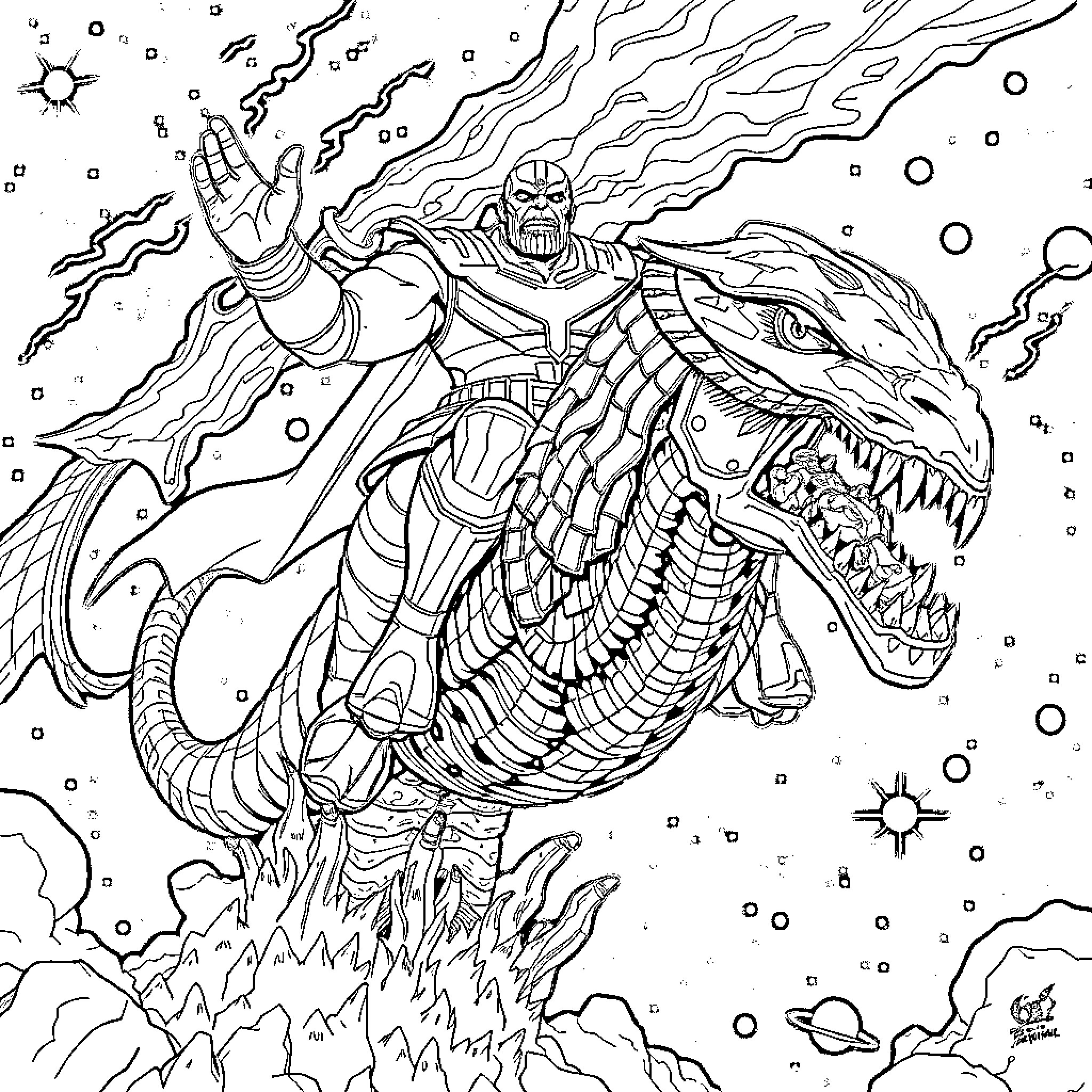 Thanos wielding powerful cosmic dragon in cosmic battle Coloring Page (free black-and-white line drawing printable PDF for all, from beginners to advanced learners, including children, teens, adults, and seniors)