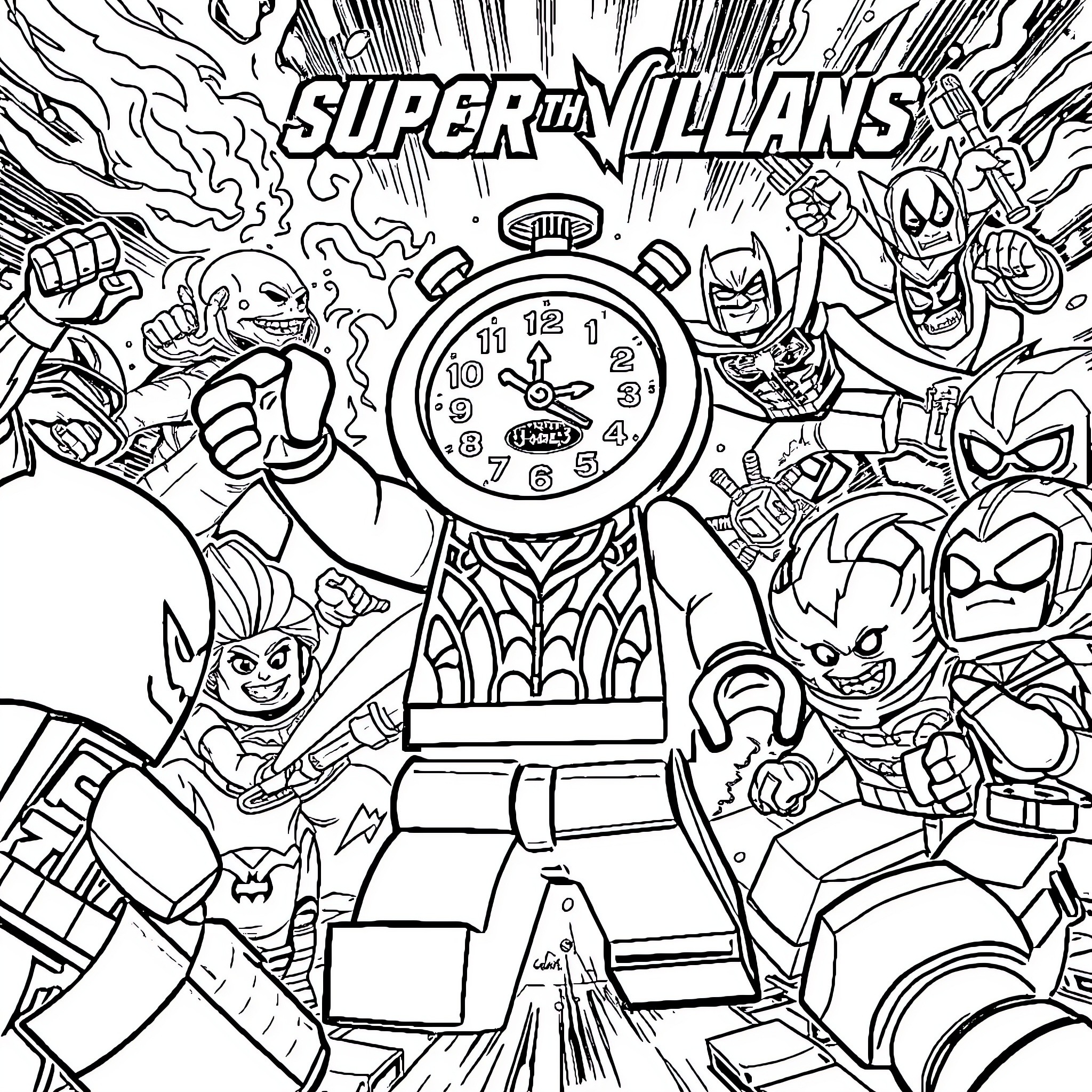 Clock of Super Villains in action Coloring Page (free black-and-white line drawing printable PDF for all, from beginners to advanced learners, including children, teens, adults, and seniors)