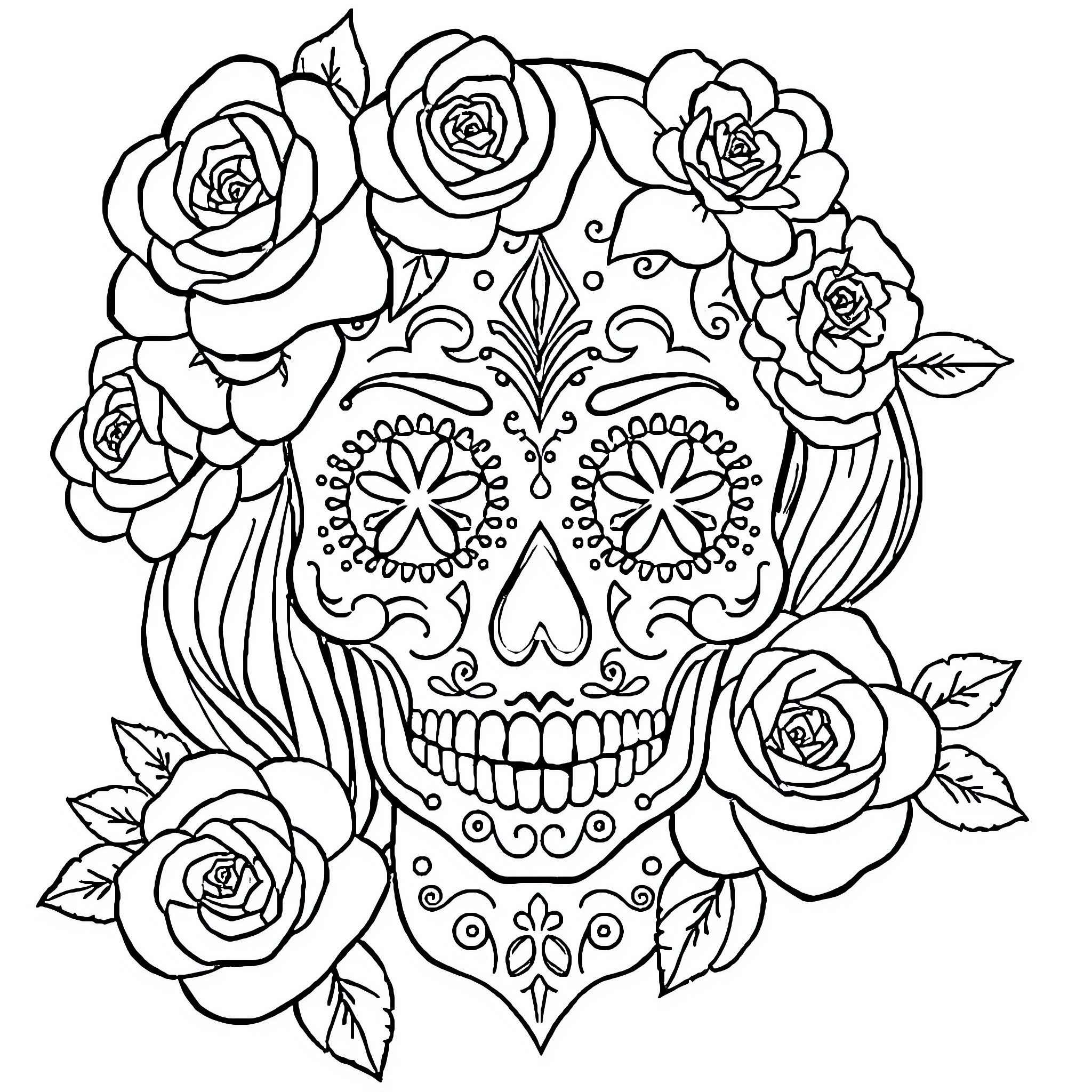 Sugar Skull with Ornate Floral Decorations Coloring Page (free black-and-white line drawing printable PDF for all, from beginners to advanced learners, including children, teens, adults, and seniors)