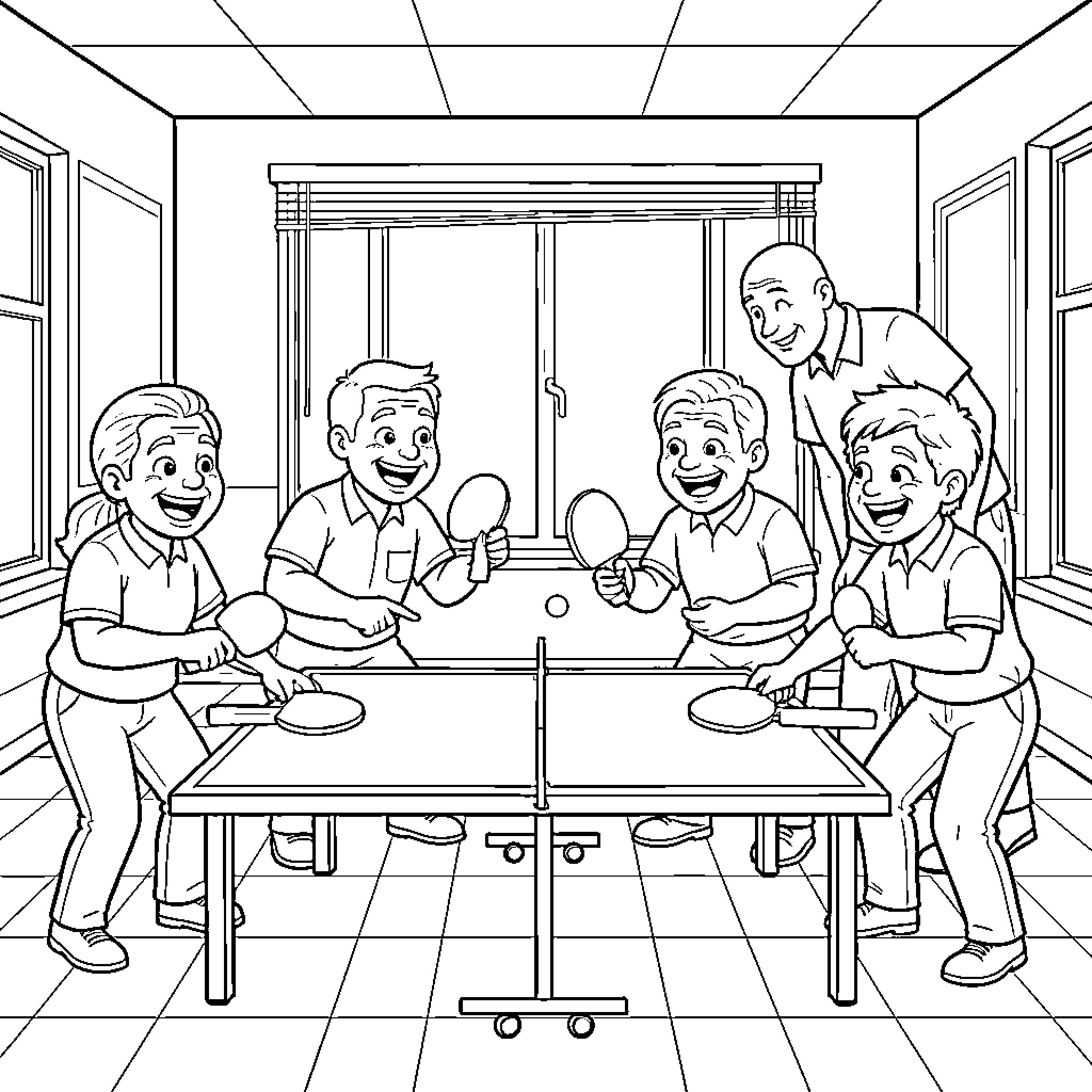 Patient Enjoying Meal with Family Members Coloring Page (free black-and-white line drawing printable PDF for all, from beginners to advanced learners, including children, teens, adults, and seniors)