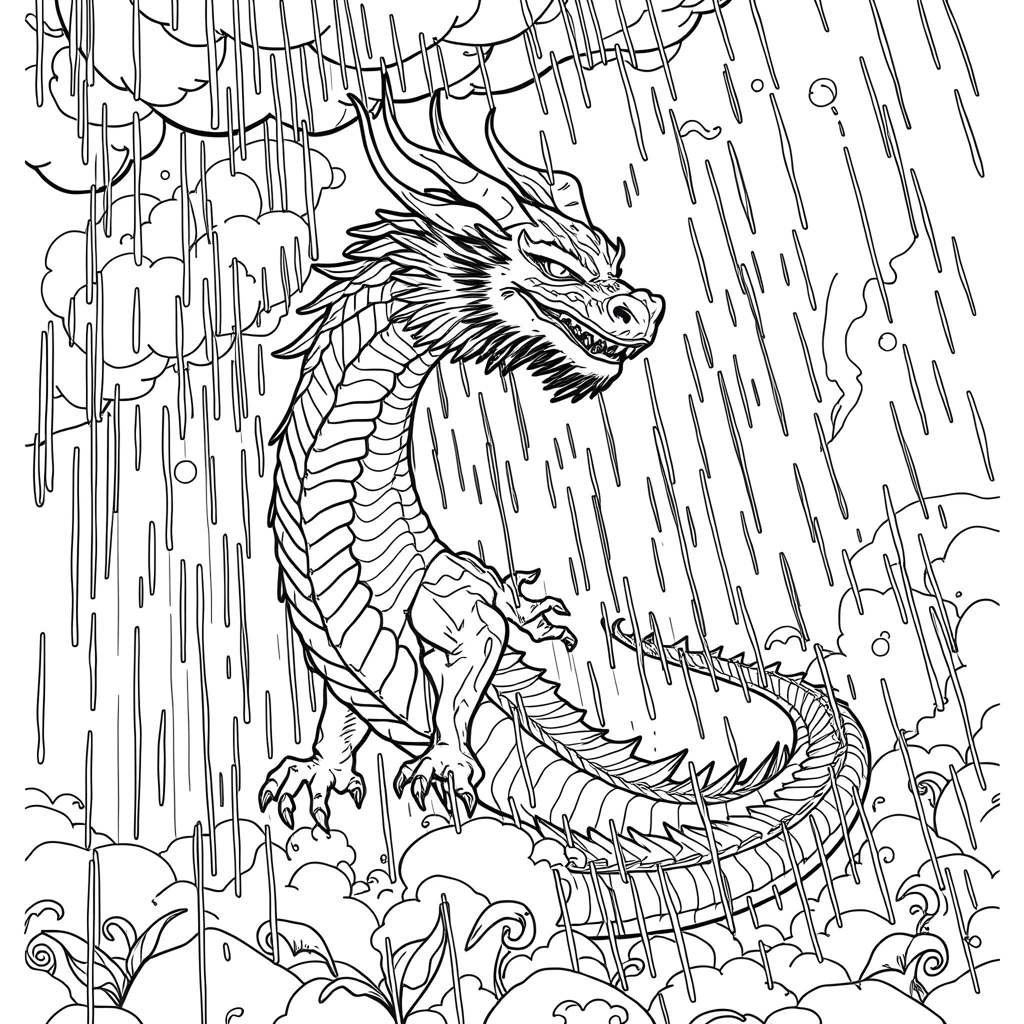 Dragon Soaring Through Stormy Skies Coloring Page (free black-and-white line drawing printable PDF for all, from beginners to advanced learners, including children, teens, adults, and seniors)