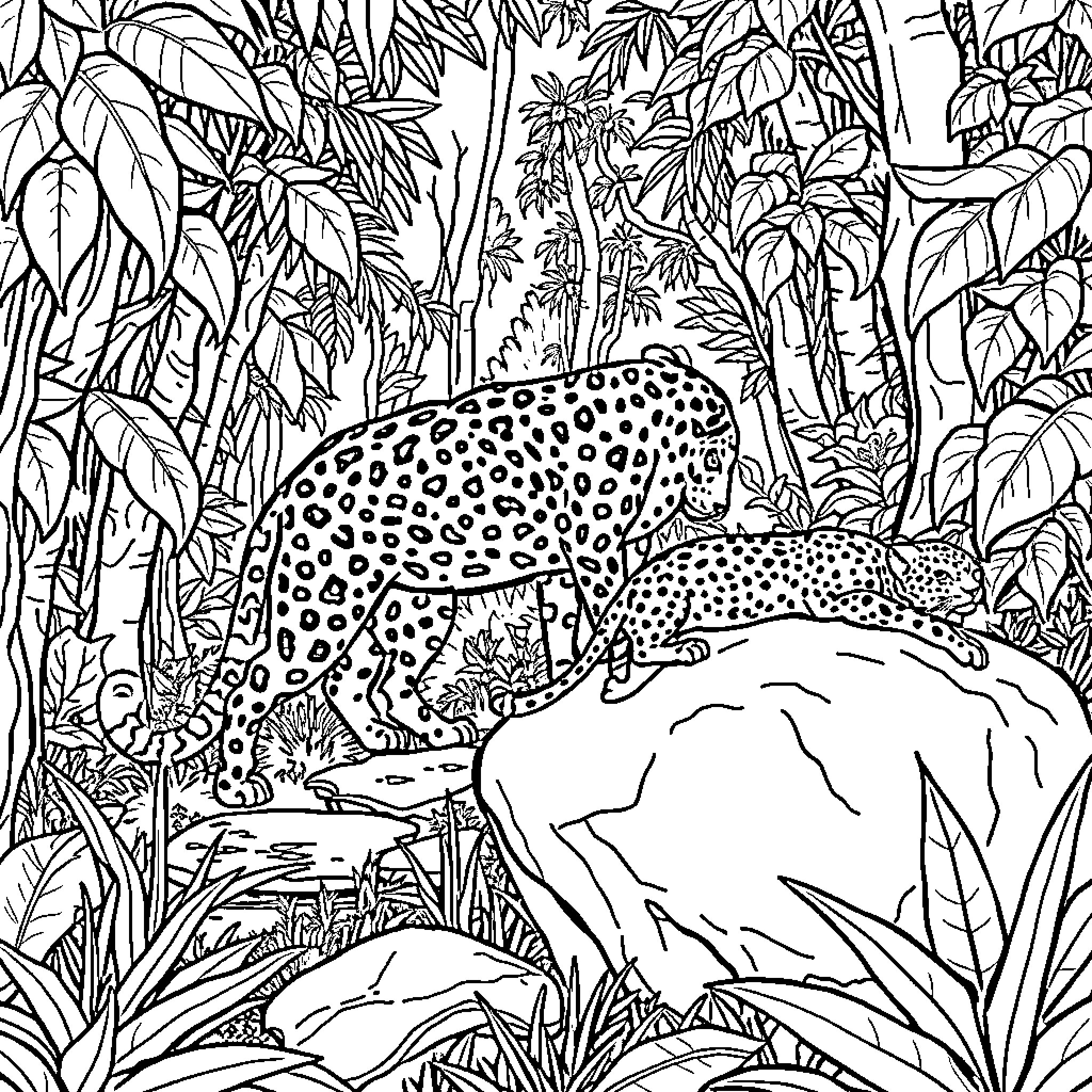 Jaguar stalking through the dense jungle foliage Coloring Page (free black-and-white line drawing printable PDF for all, from beginners to advanced learners, including children, teens, adults, and seniors)