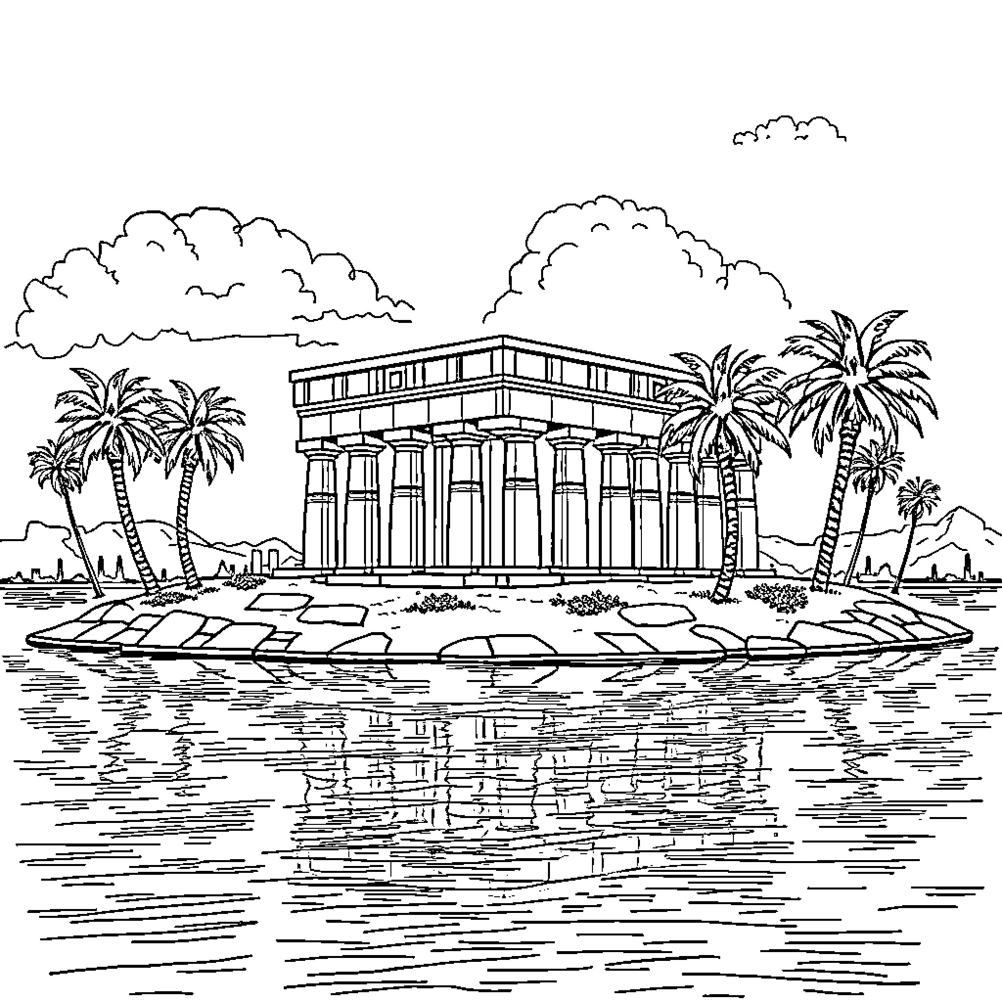 Philae temple on island by the water Coloring Page (free black-and-white line drawing printable PDF for all, from beginners to advanced learners, including children, teens, adults, and seniors)