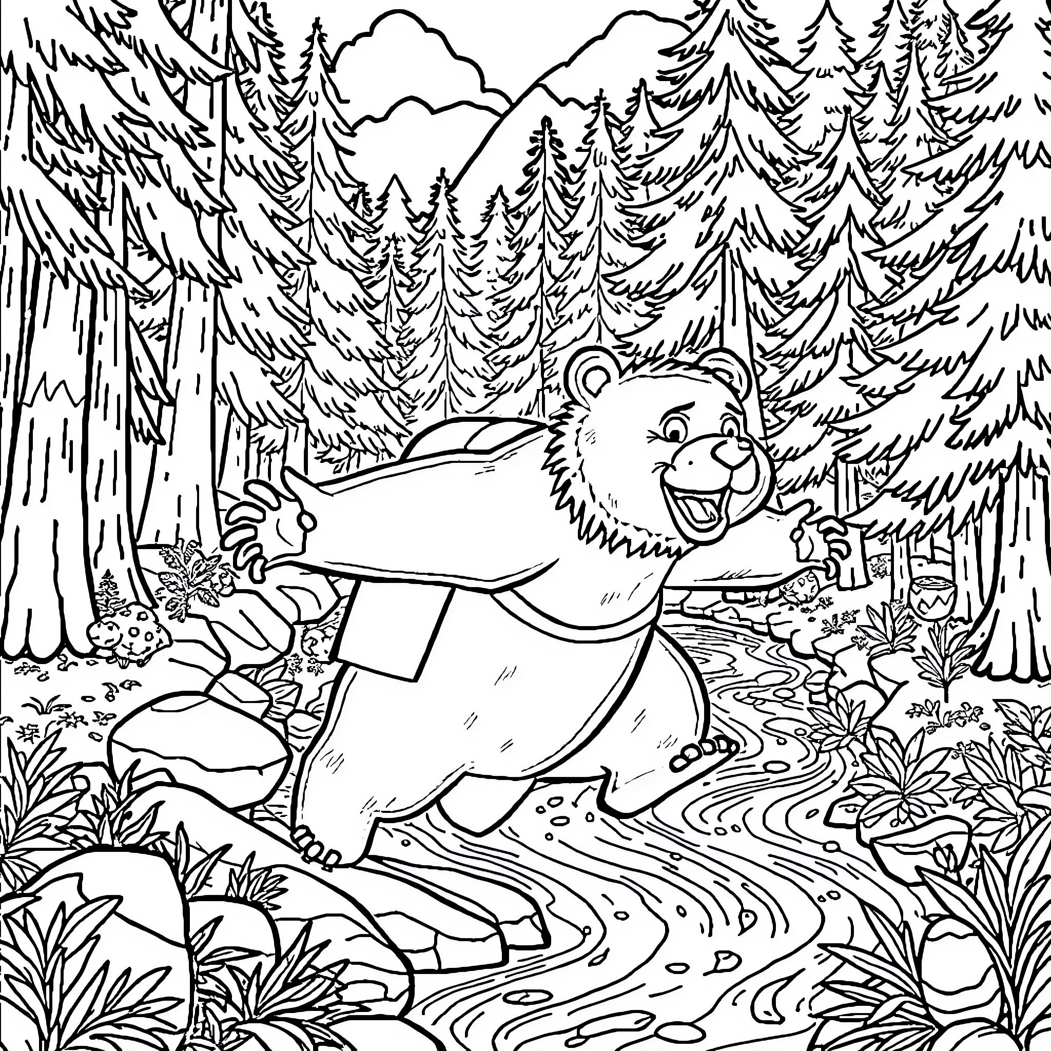 Bear exploring the enchanted forest Coloring Page (free black-and-white line drawing printable PDF for all, from beginners to advanced learners, including children, teens, adults, and seniors)