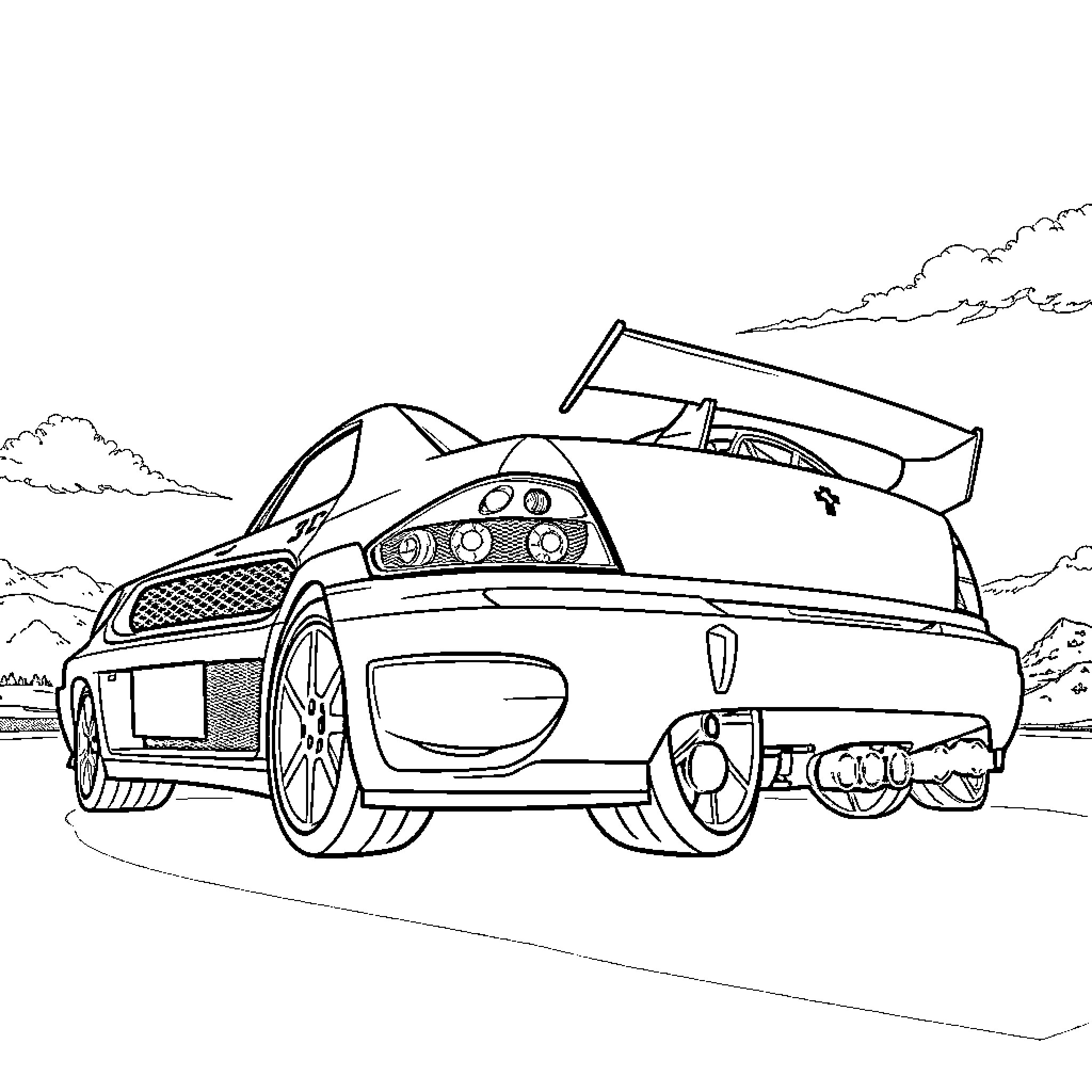 Subaru racing car speeding on the road Coloring Page (free black-and-white line drawing printable PDF for all, from beginners to advanced learners, including children, teens, adults, and seniors)