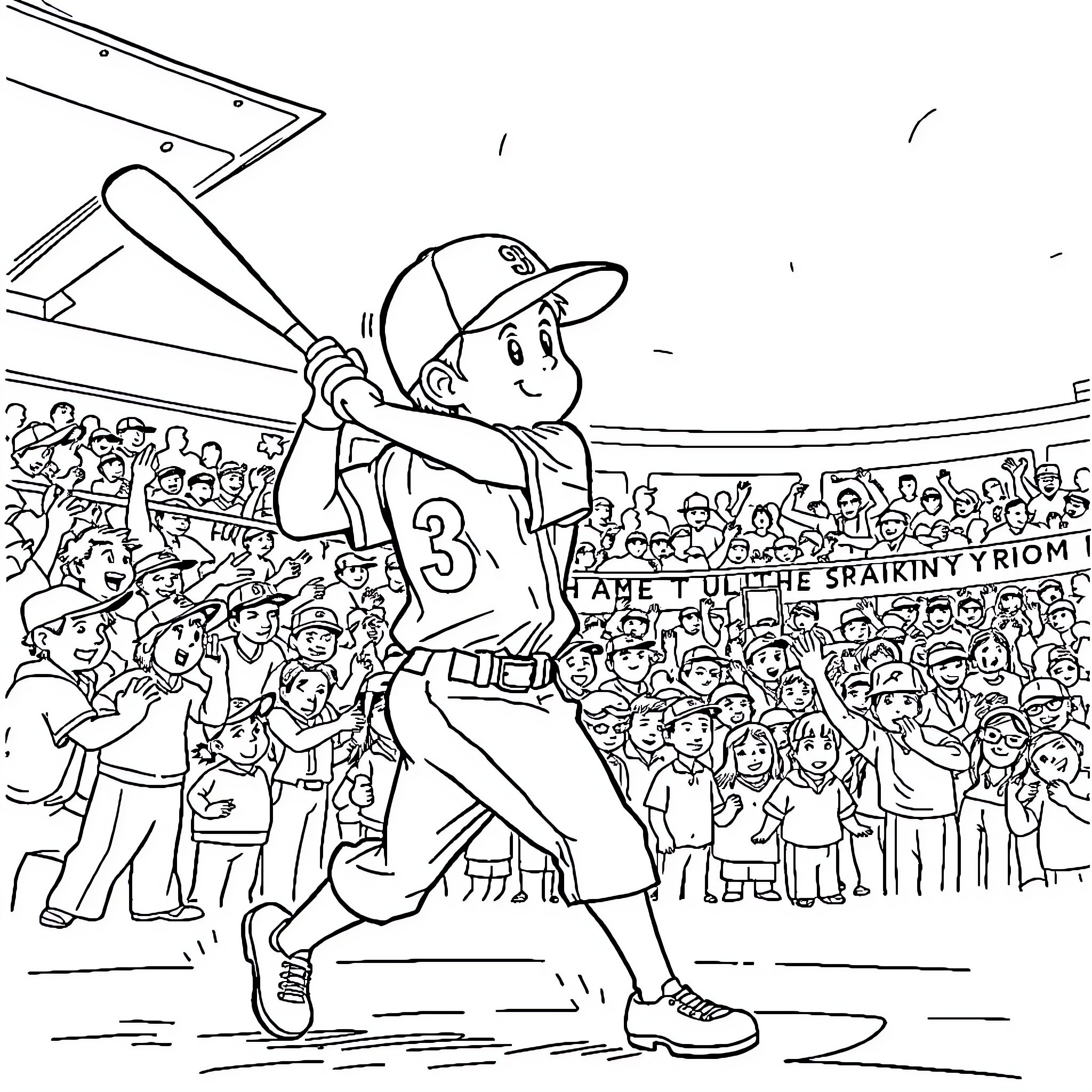 Boy baseball player batting in front of cheering crowd Coloring Page (free black-and-white line drawing printable PDF for all, from beginners to advanced learners, including children, teens, adults, and seniors)