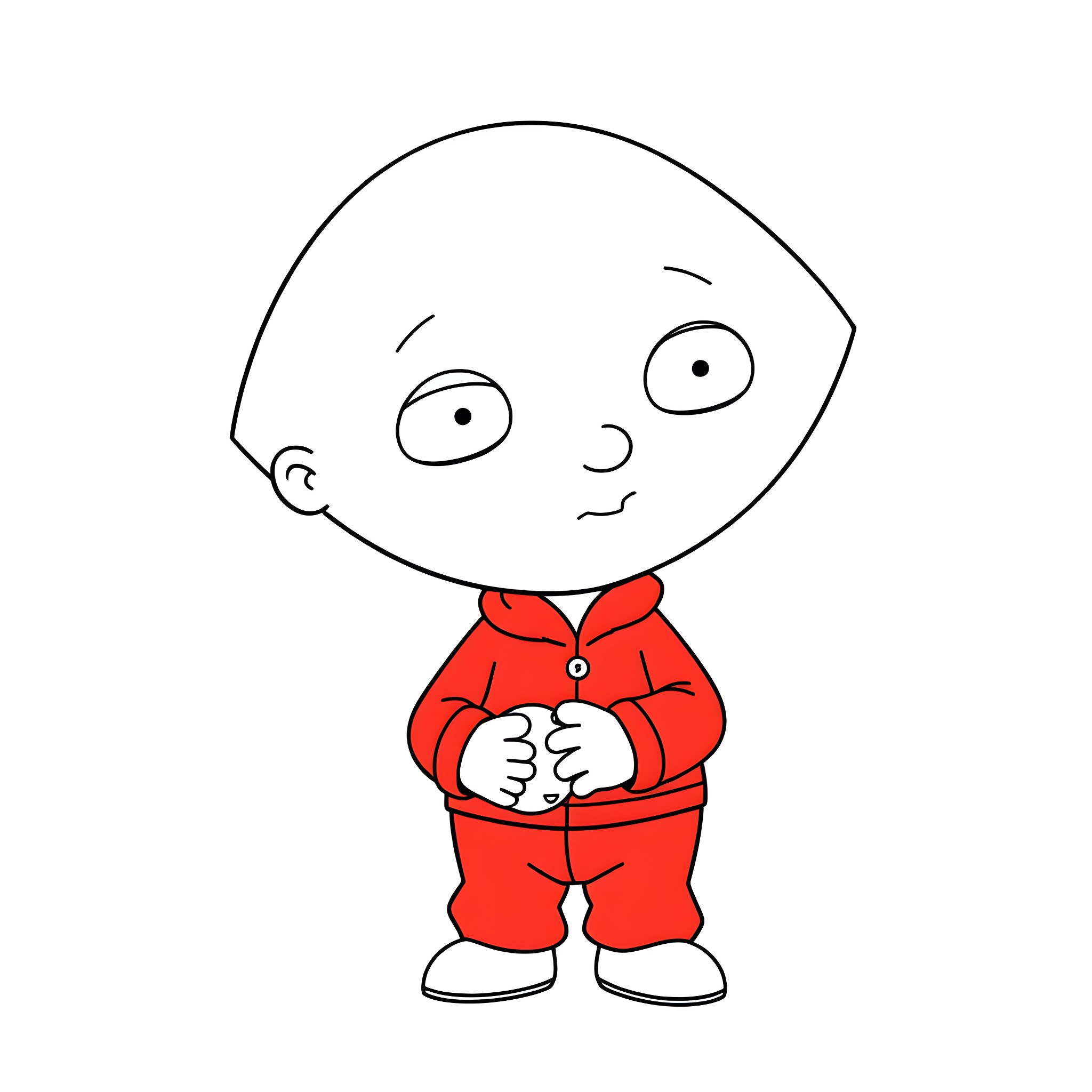 Stewie Griffin in a red outfit with a mischievous expression Coloring Page (free black-and-white line drawing printable PDF for all, from beginners to advanced learners, including children, teens, adults, and seniors)