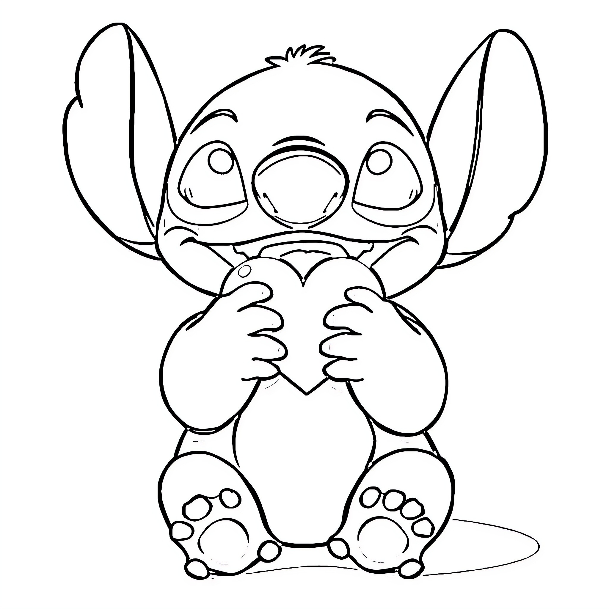 Stitch sitting with a joyful expression Coloring Page (free black-and-white line drawing printable PDF for all, from beginners to advanced learners, including children, teens, adults, and seniors)