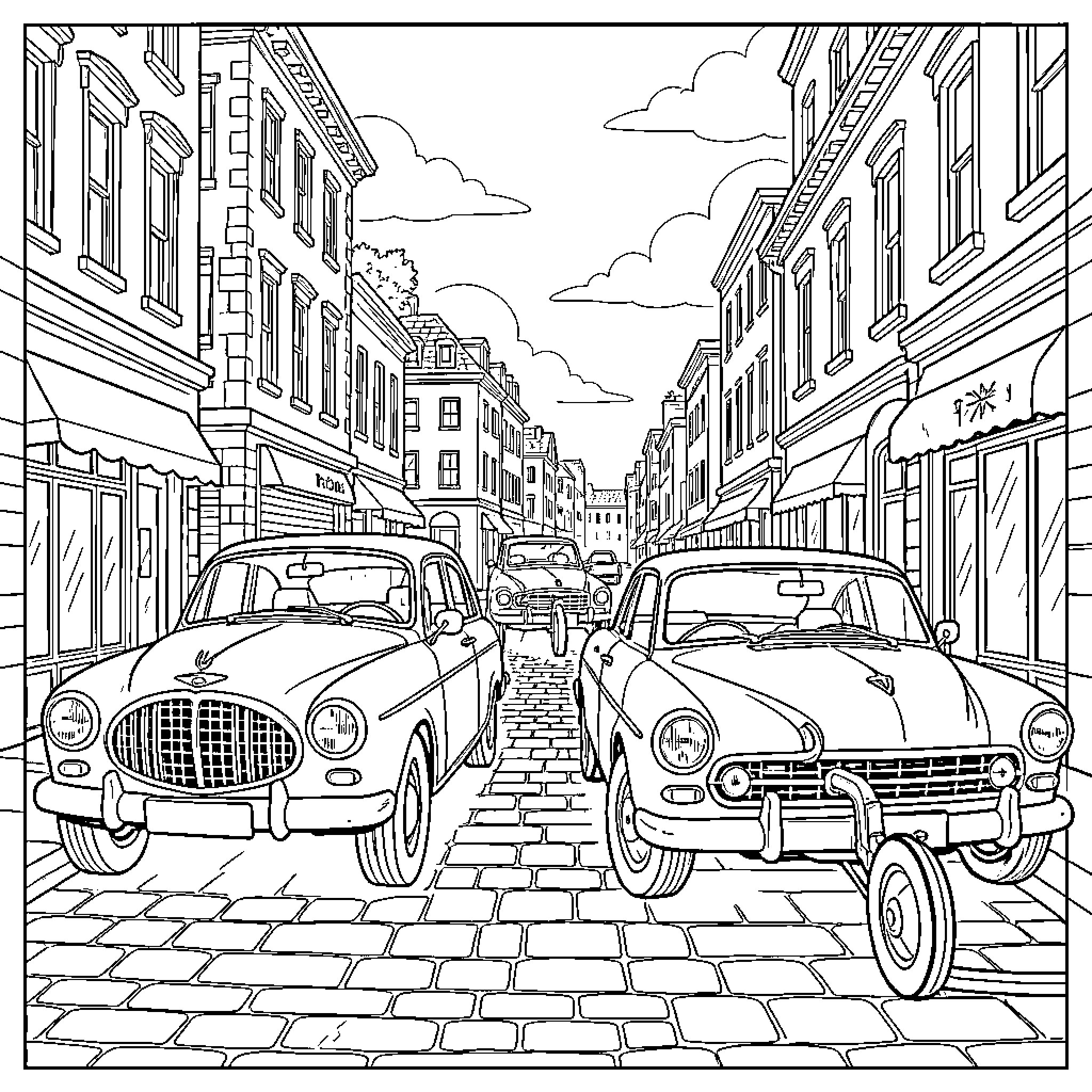 Classic Car driving through a charming cobblestone street Coloring Page (free black-and-white line drawing printable PDF for all, from beginners to advanced learners, including children, teens, adults, and seniors)