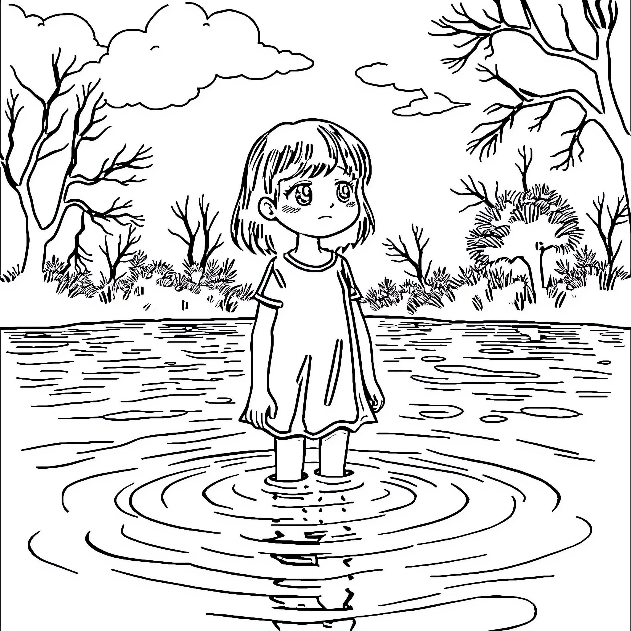 Girl standing in shallow water surrounded by nature Coloring Page (free black-and-white line drawing printable PDF for all, from beginners to advanced learners, including children, teens, adults, and seniors)