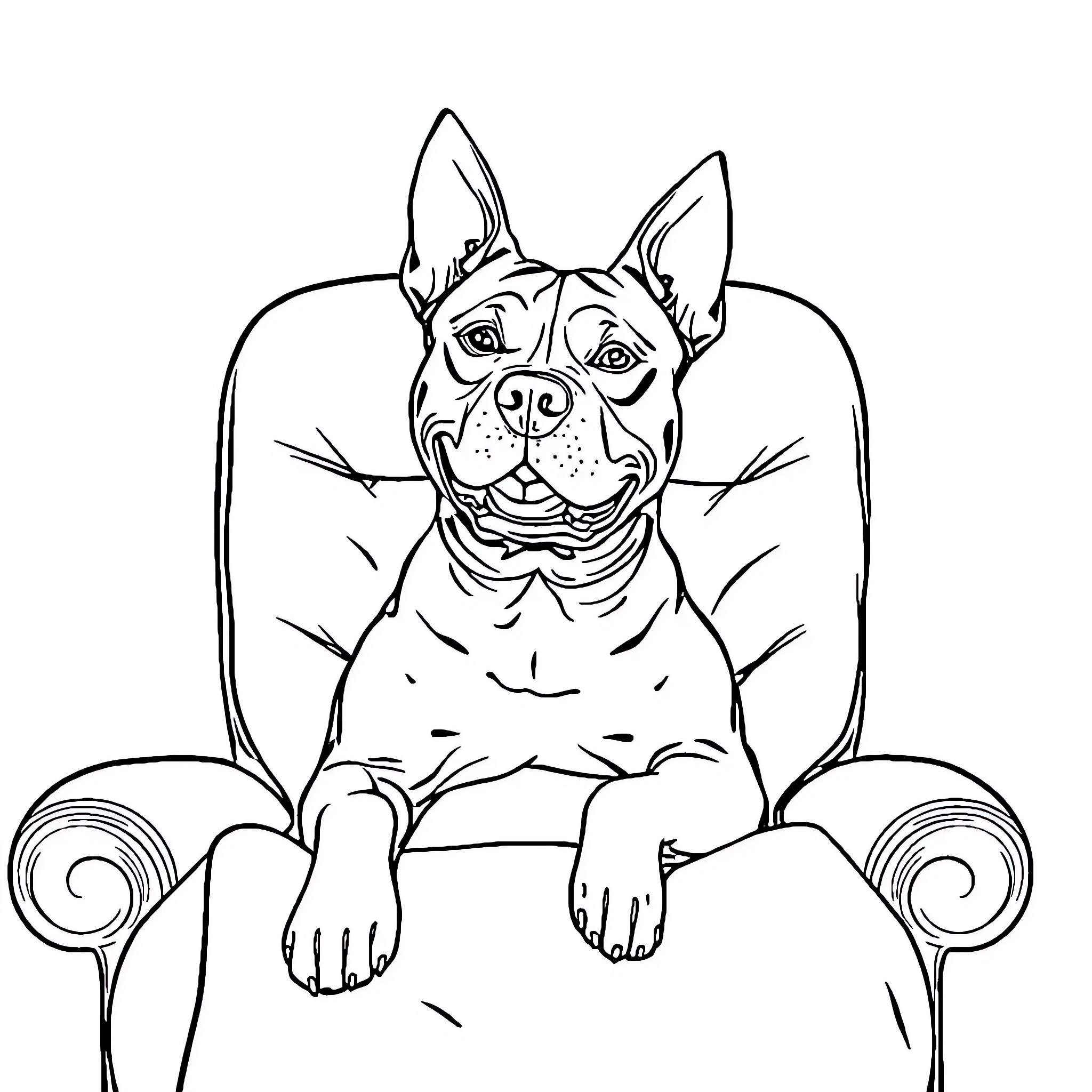 Pit Bull Relaxing Comfortably on a Chair Coloring Page (free black-and-white line drawing printable PDF for all, from beginners to advanced learners, including children, teens, adults, and seniors)