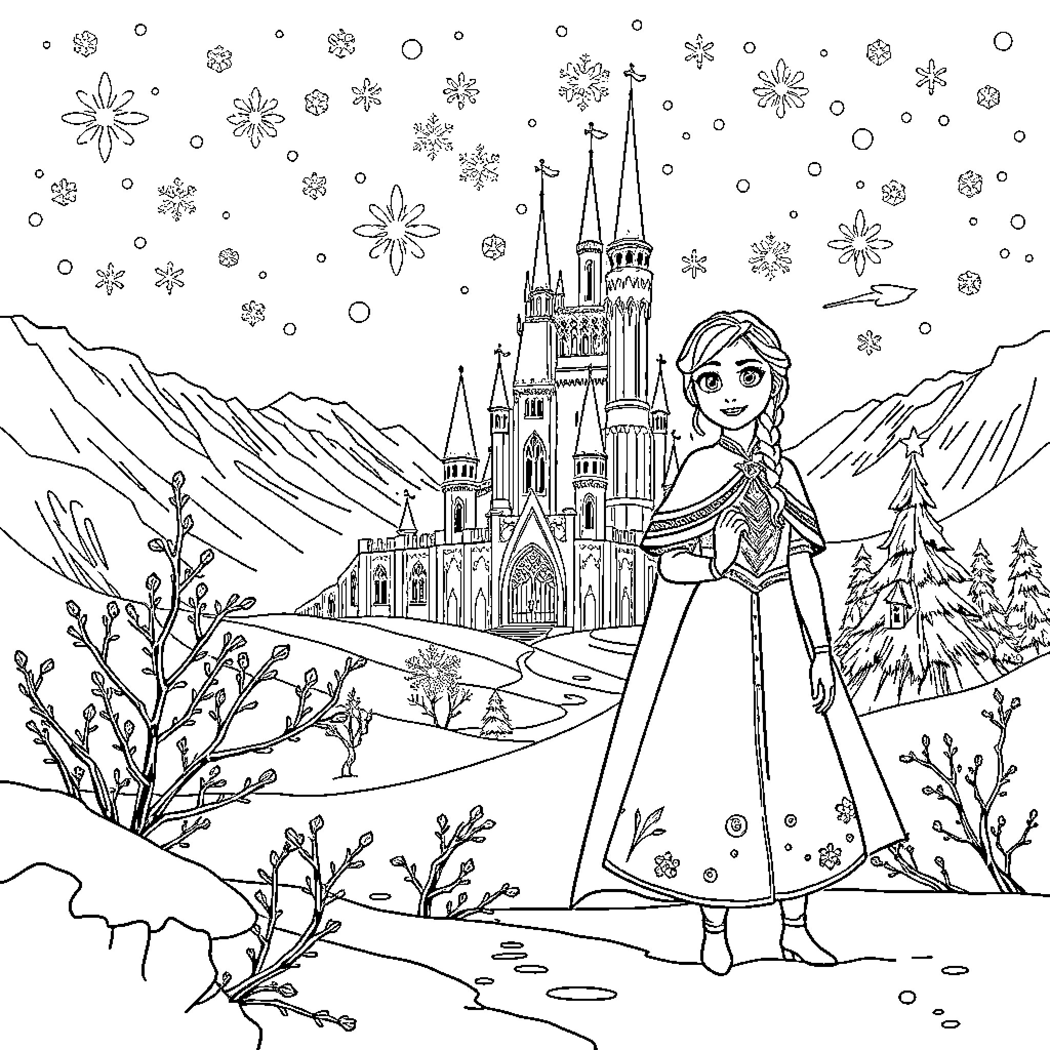 Frozen scene with castle and character Coloring Page (free black-and-white line drawing printable PDF for all, from beginners to advanced learners, including children, teens, adults, and seniors)
