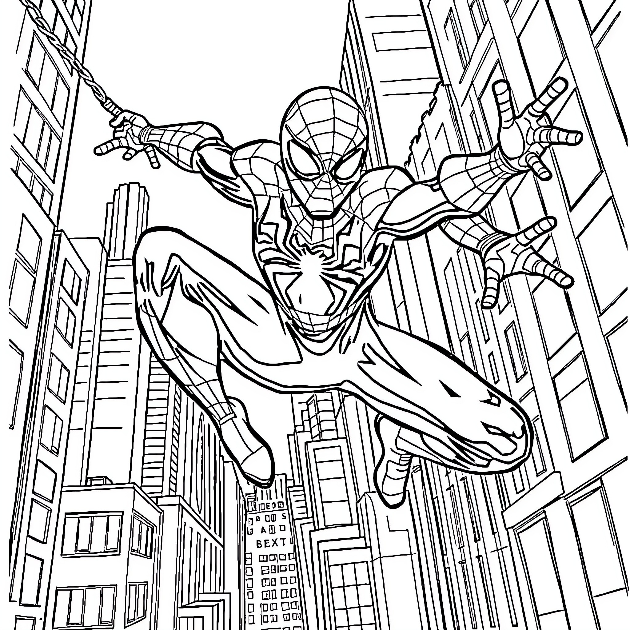 Spiderman swinging through the city skyline Coloring Page (free black-and-white line drawing printable PDF for all, from beginners to advanced learners, including children, teens, adults, and seniors)