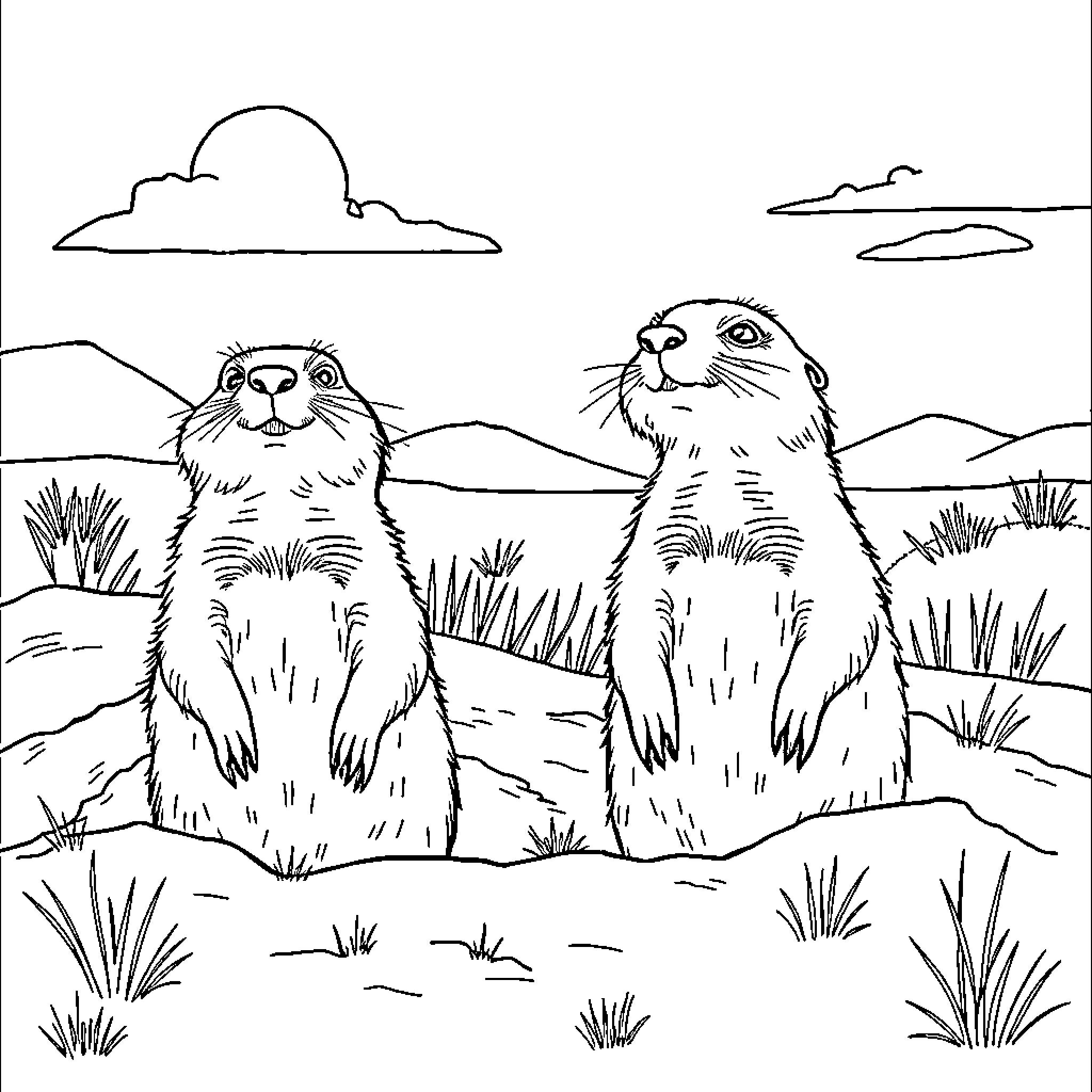 Prairie Dog Friends Surveying the Prairie Coloring Page (free black-and-white line drawing printable PDF for all, from beginners to advanced learners, including children, teens, adults, and seniors)