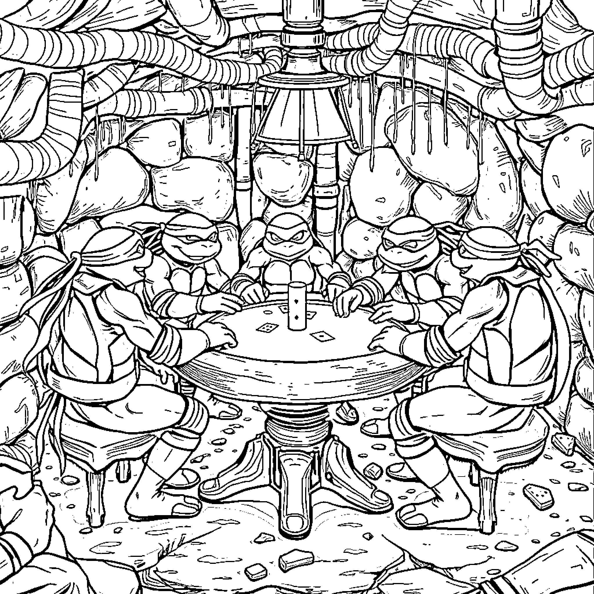 Ninja Turtles relaxing and enjoying a meal together Coloring Page (free black-and-white line drawing printable PDF for all, from beginners to advanced learners, including children, teens, adults, and seniors)