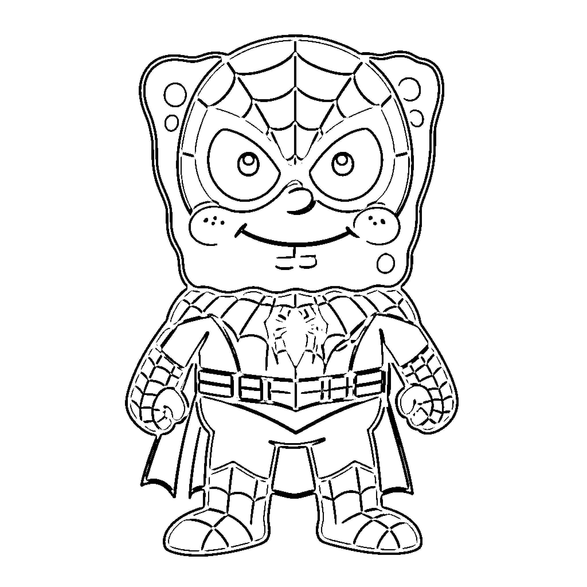 Spongebob as Superhero in Costume Coloring Page (free black-and-white line drawing printable PDF for all, from beginners to advanced learners, including children, teens, adults, and seniors)