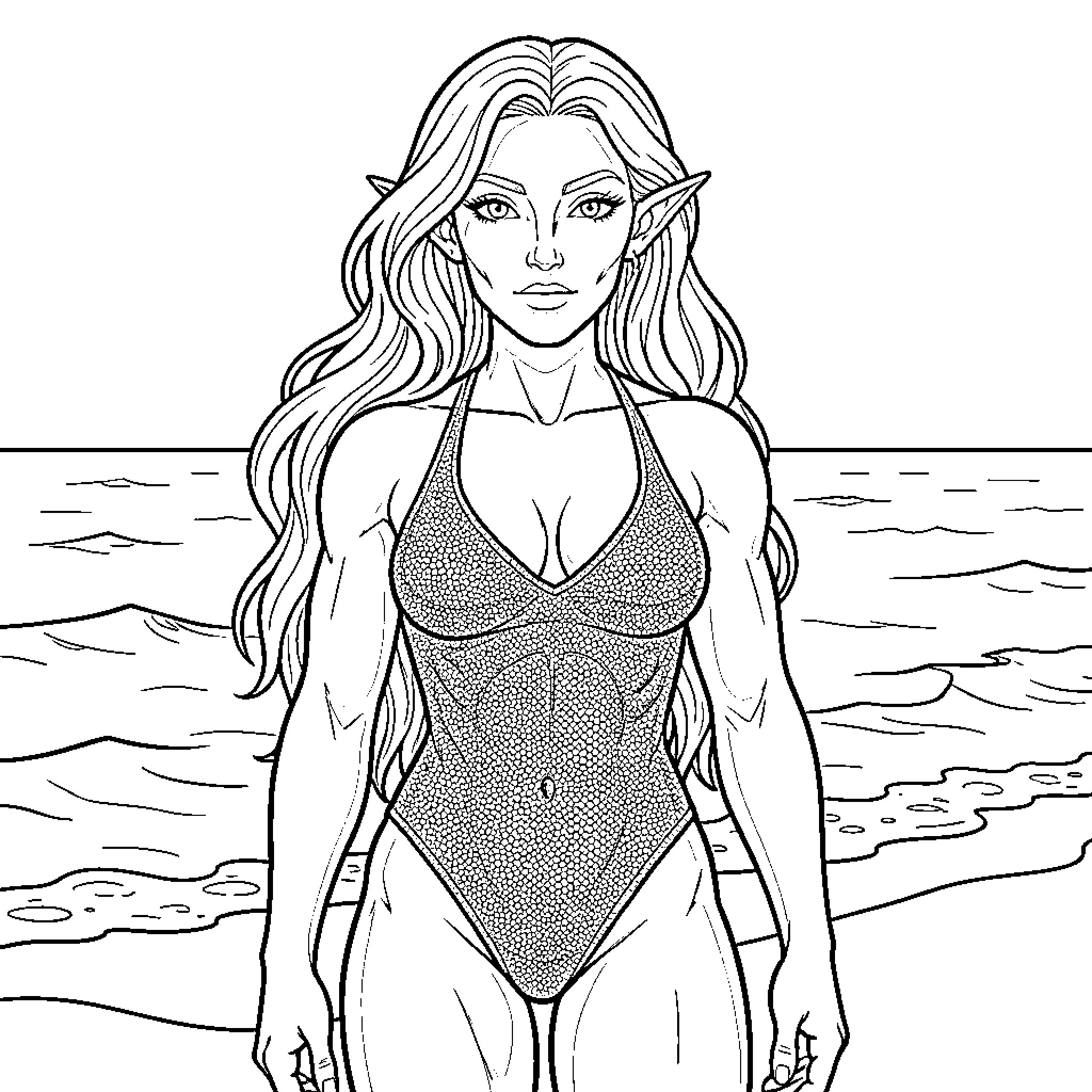 Amazonian Woman standing confidently by the ocean waves Coloring Page (free black-and-white line drawing printable PDF for all, from beginners to advanced learners, including children, teens, adults, and seniors)