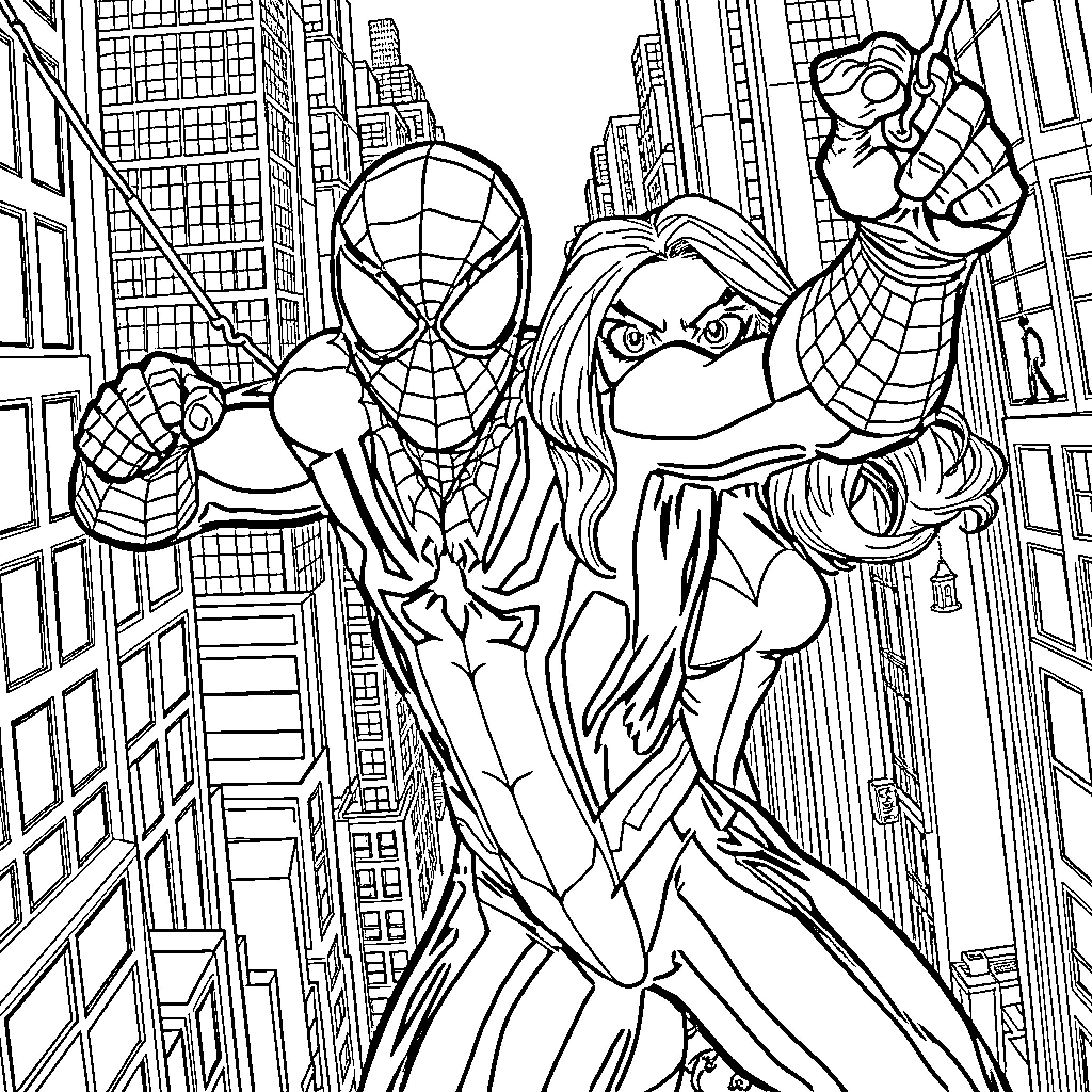 Spider-Man swinging through the city with Mary Jane Coloring Page (free black-and-white line drawing printable PDF for all, from beginners to advanced learners, including children, teens, adults, and seniors)